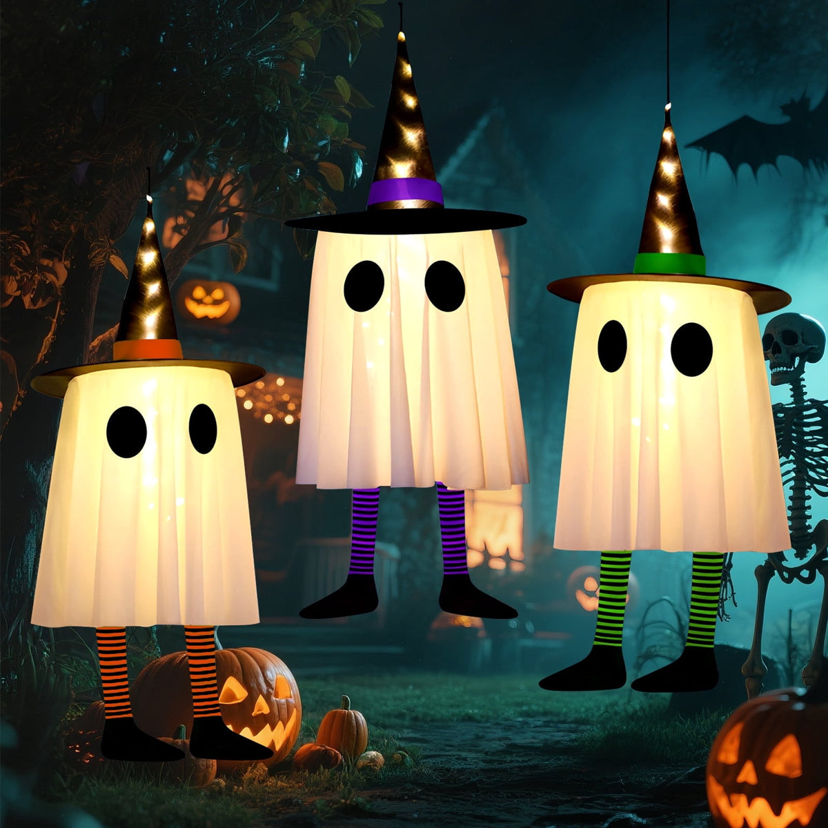 Qoosea 2 pack Hanging Ghosts Halloween Decor 4.26ft Large Glowing LED Ghost Lights Windsock Halloween Decorations Outdoor Indoor, 3 Lighting Modes