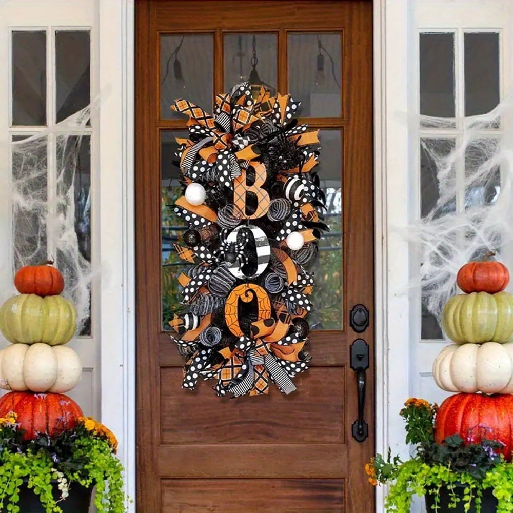 Ribbon BOO Halloween Swag Wreath for Front Door Wall Decor