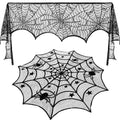 Round Lace Table Topper Black Spider Tablecloth and Fireplace Spider Decorations Lace Spiderweb Mantle Scarf Cover for Halloween Window, Dinner Party, Festival Party, Scary Movie Nights