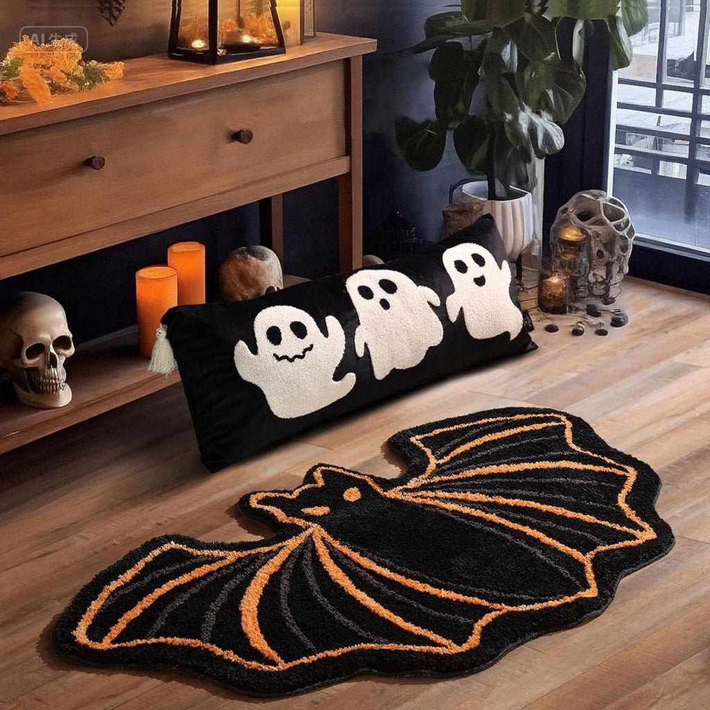 SDJMa Halloween Bat Bath Mat, Black Orange Washable Non-Slip Faux Fur Bat Floor Mat for Halloween Holiday Home Bathroom Bedroom Gothic Decor, 15.7"x23.6"