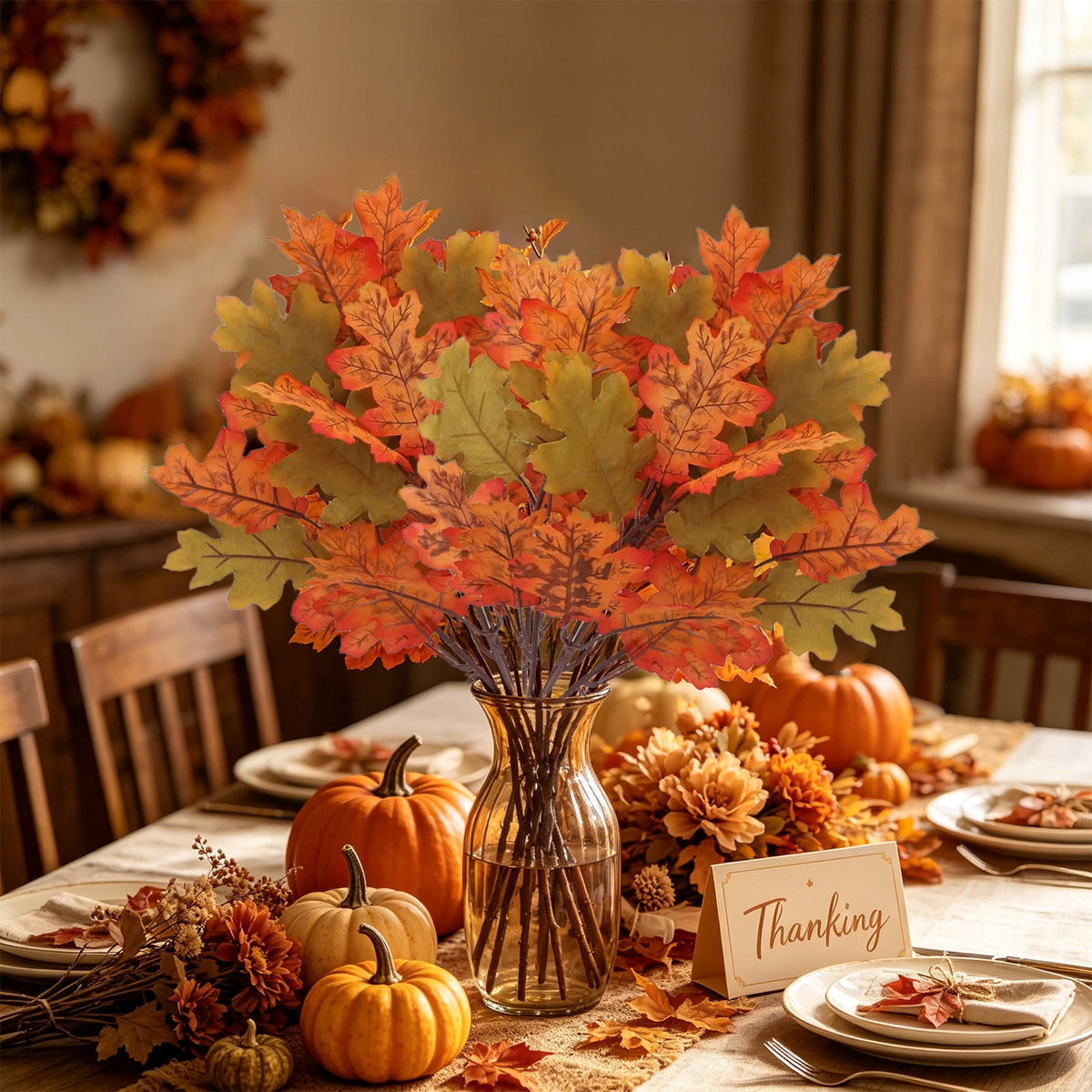 SPOORYYO 2Pcs Fall Maple Leaves Stems for Vase, Artificial Autumn Fake Leaves Decor, Maple Leaf Bushes Shrubs for Thanksgiving Halloween Home Farmhouse Table Centerpiece, 12.99" x 7.87"