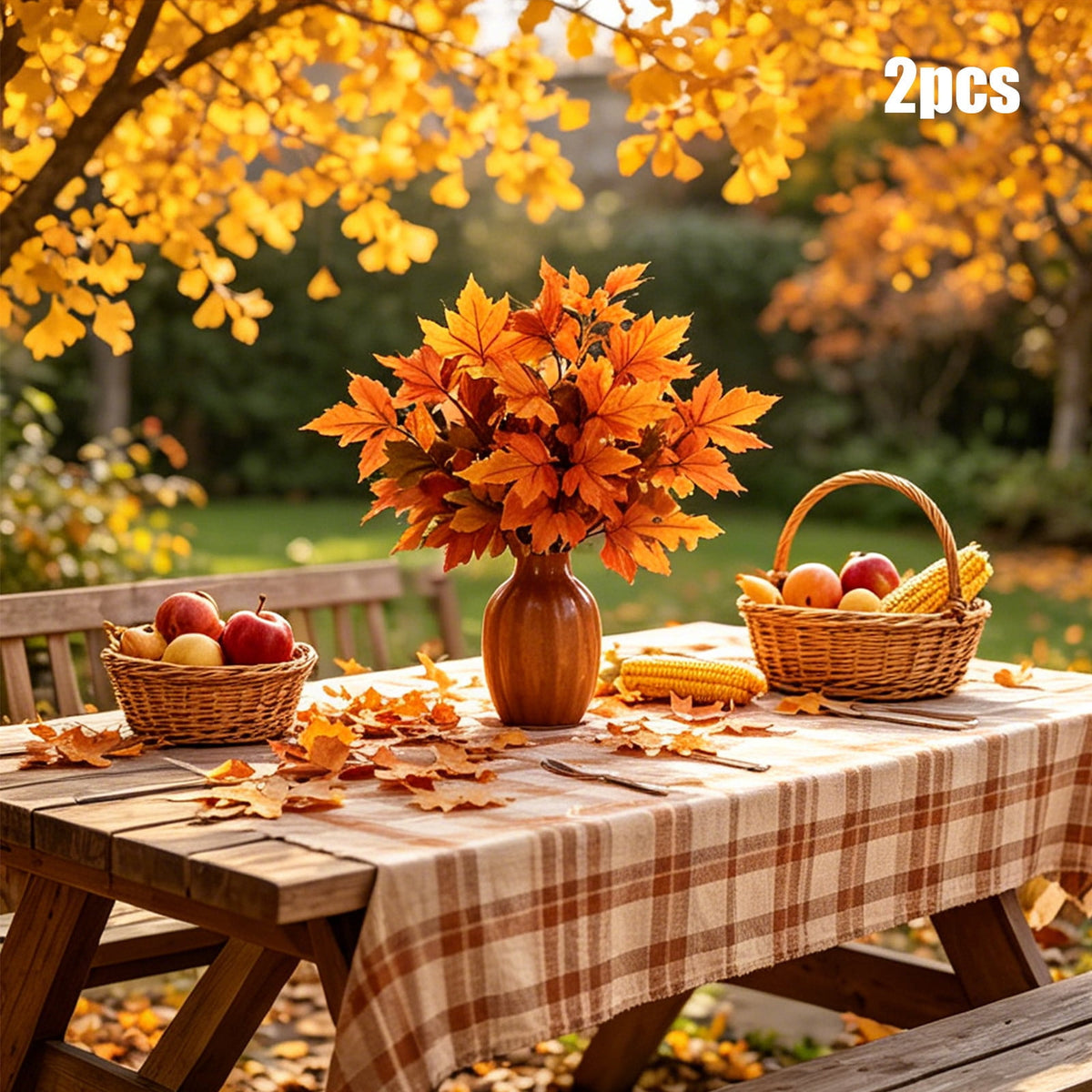 SPOORYYO 2Pcs Fall Maple Leaves Stems for Vase, Artificial Autumn Fake Leaves Decor, Maple Leaf Bushes Shrubs for Thanksgiving Halloween Home Farmhouse Table Centerpiece, 12.99" x 7.87"