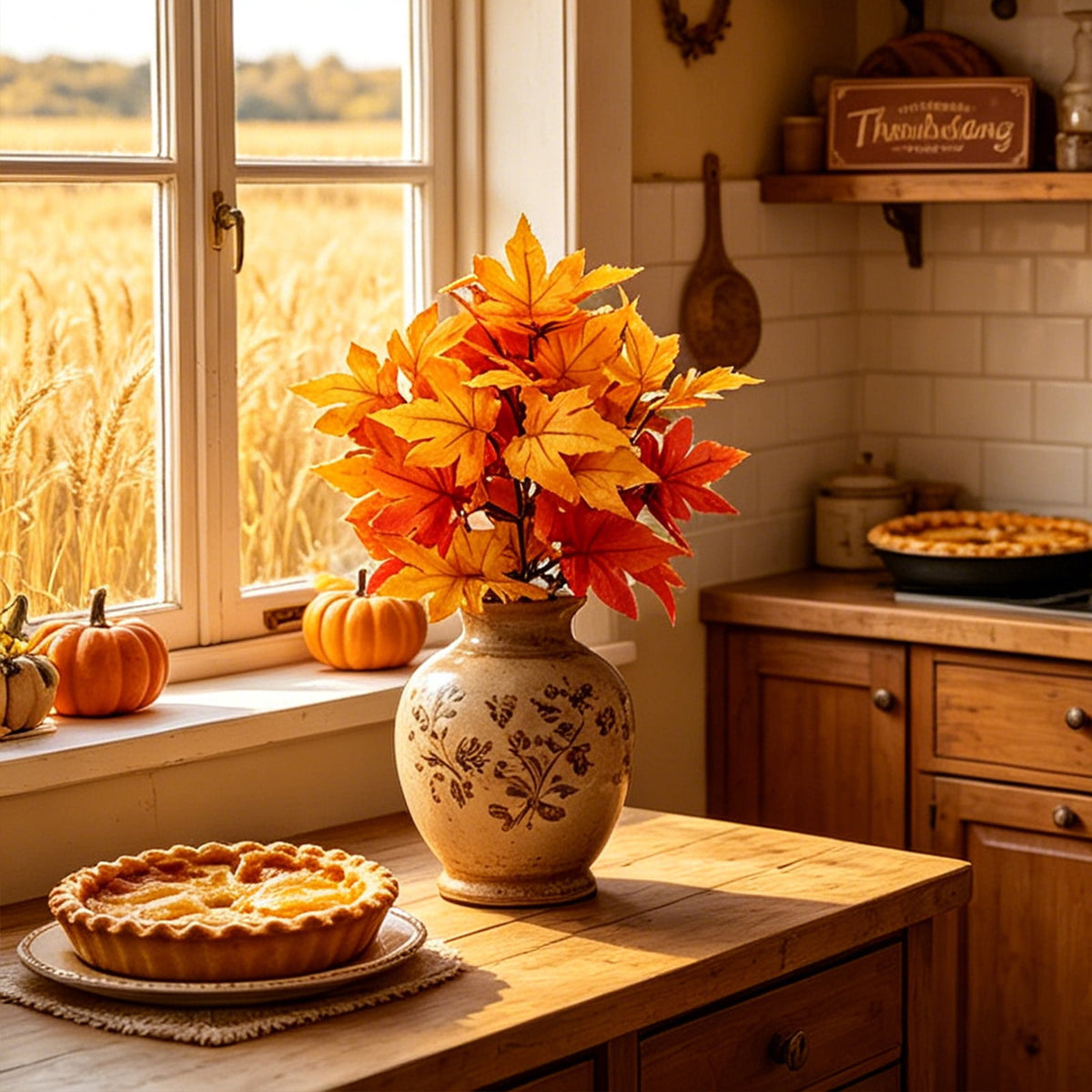 SPOORYYO 2Pcs Fall Maple Leaves Stems for Vase, Artificial Autumn Fake Leaves Decor, Maple Leaf Bushes Shrubs for Thanksgiving Halloween Home Farmhouse Table Centerpiece, 12.99" x 7.87"
