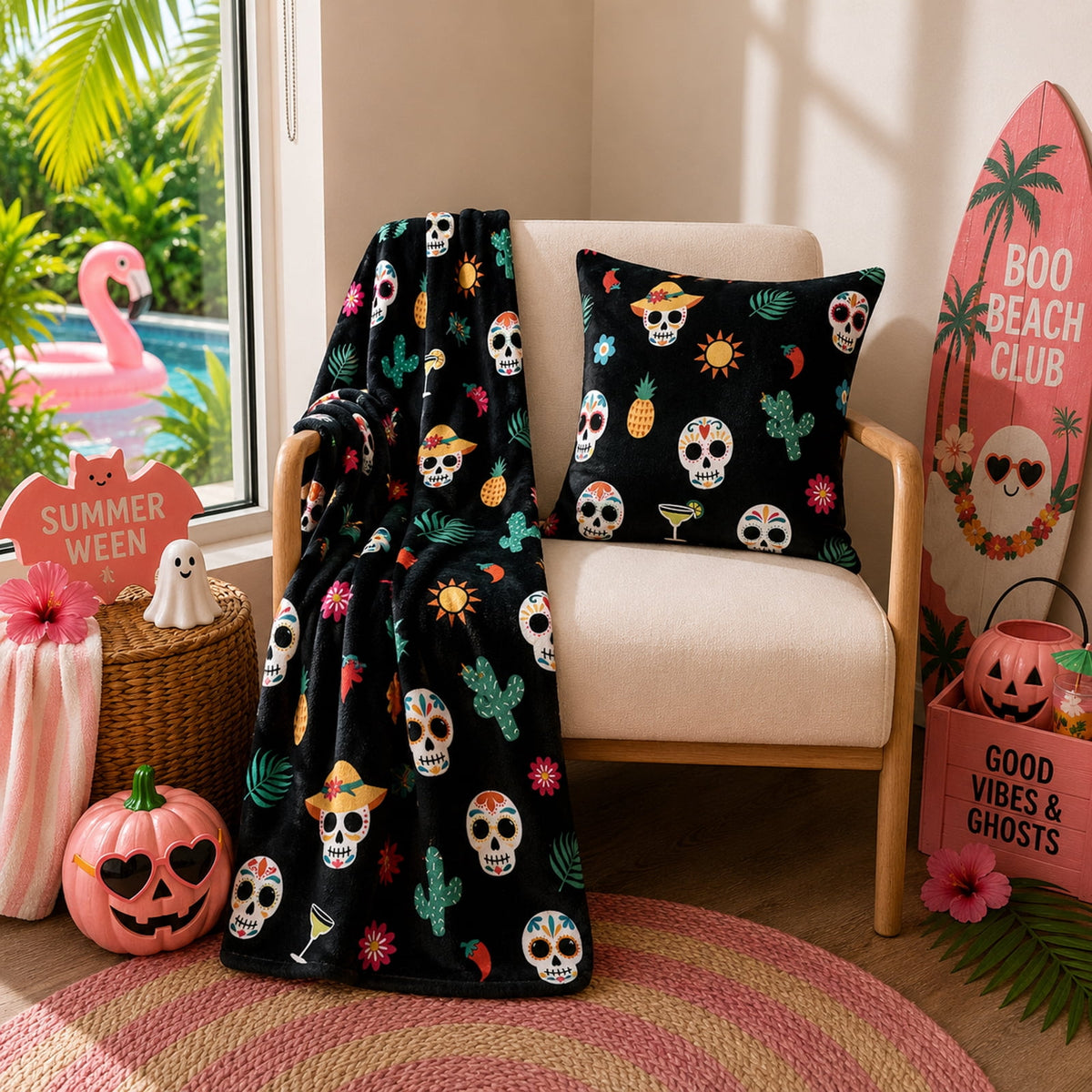 Summerween Oversize Super Soft Plush Throw Blankets, Summer Patio Pool Halloween Throws, RETIREMENT GHOST