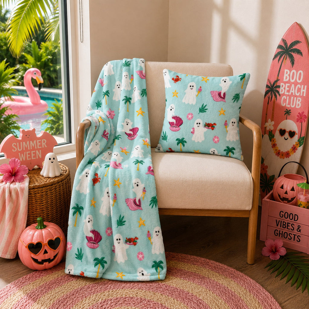 Summerween Oversize Super Soft Plush Throw Blankets, Summer Patio Pool Halloween Throws, RETIREMENT GHOST