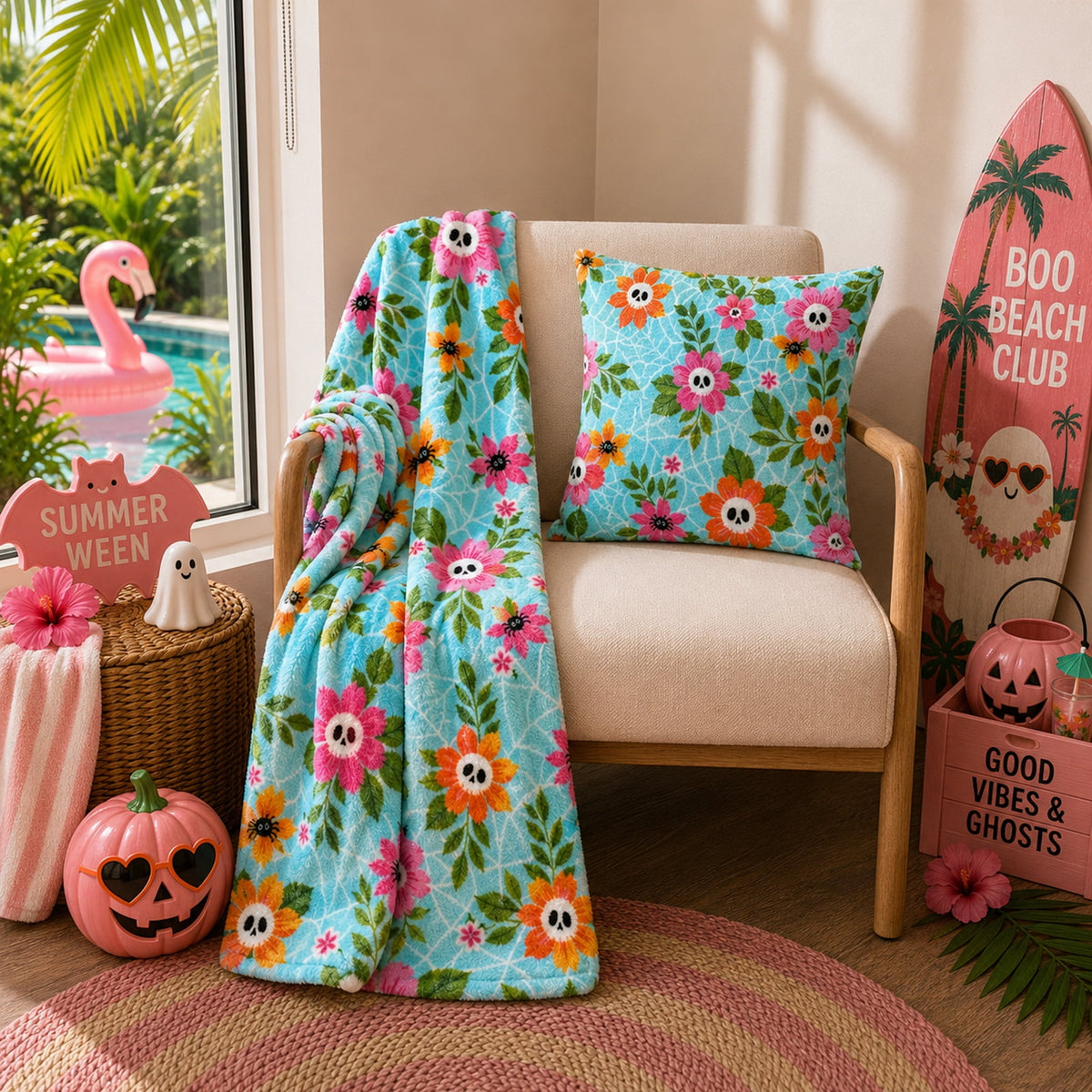 Summerween Oversize Super Soft Plush Throw Blankets, Summer Patio Pool Halloween Throws, RETIREMENT GHOST