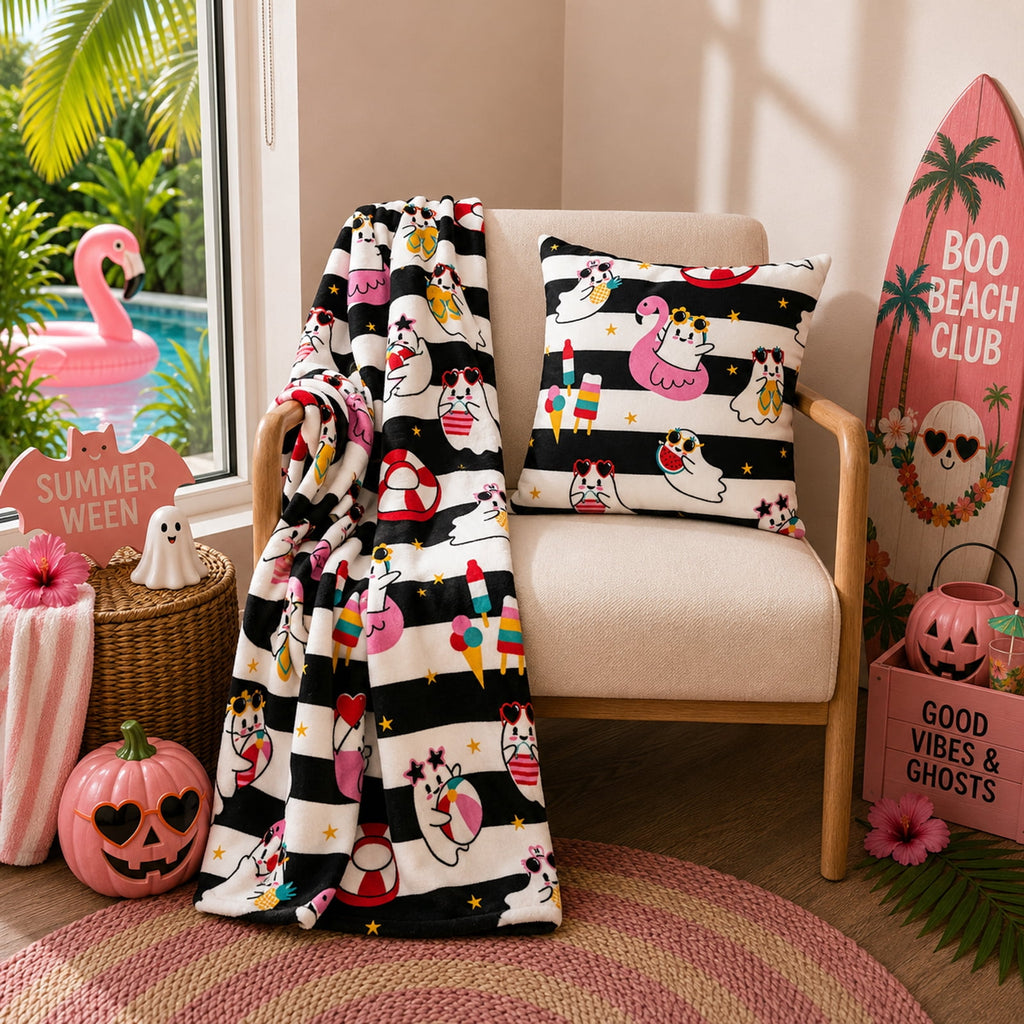 Summerween Oversize Super Soft Plush Throw Blankets, Summer Patio Pool Halloween Throws, RETIREMENT GHOST