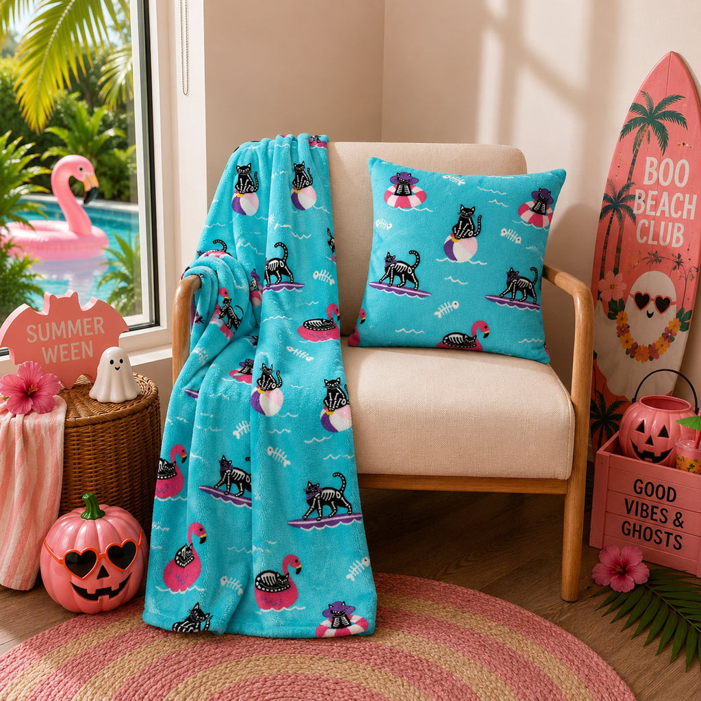 Summerween Oversize Super Soft Plush Throw Blankets, Summer Patio Pool Halloween Throws, RETIREMENT GHOST