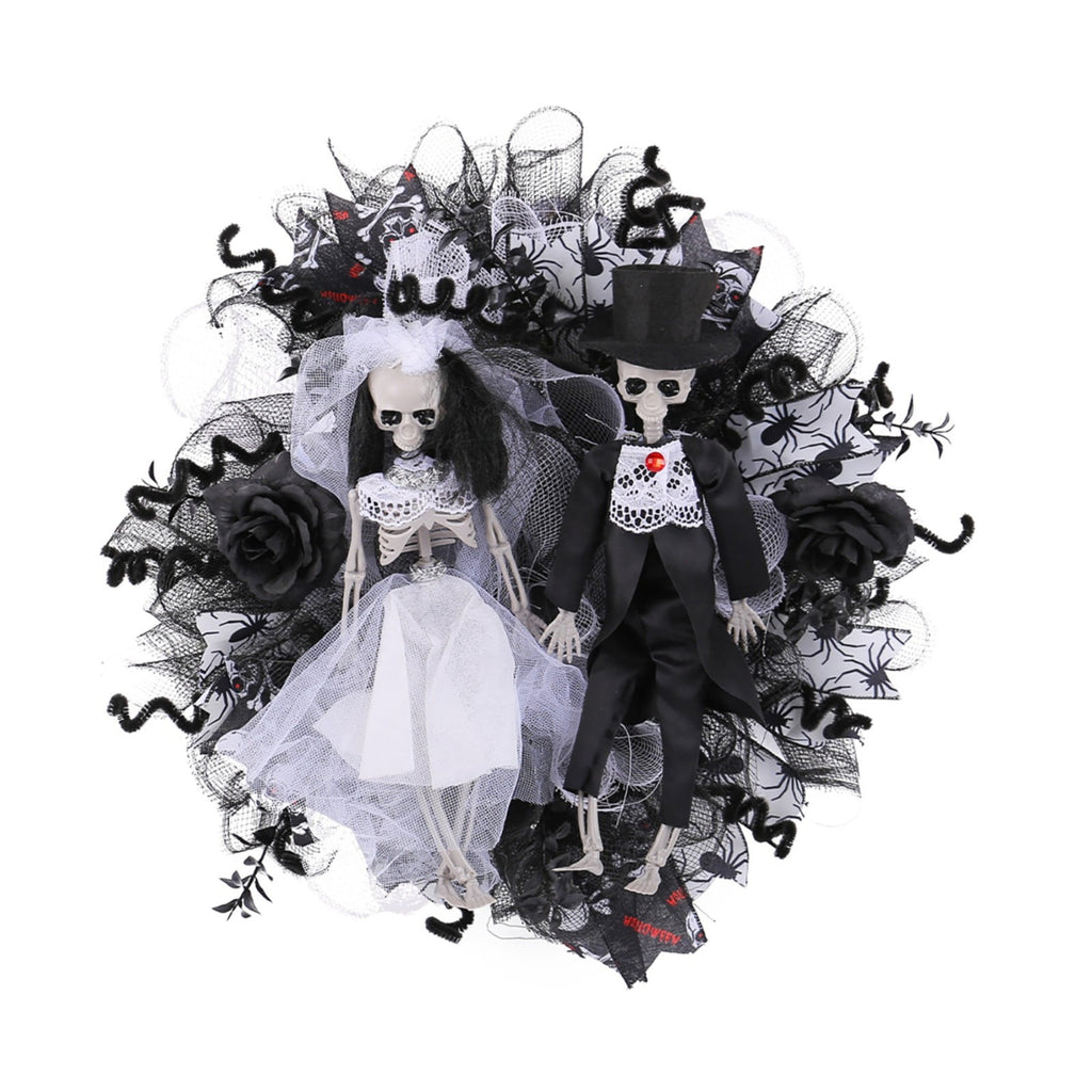 SWSUSN Halloween Creepy Wreath For Front Door 16 Inch Artificial Plastic Skeleton Bride And Groom Wreath Halloween Gothic Wreath Hanging Decoration For Home Party Halloween Front Porch Wreath