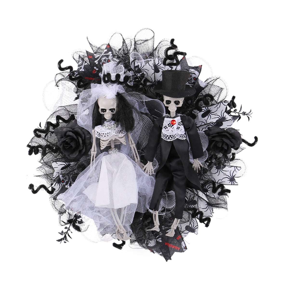 SWSUSN Halloween Creepy Wreath For Front Door 16 Inch Artificial Plastic Skeleton Bride And Groom Wreath Halloween Gothic Wreath Hanging Decoration For Home Party Halloween Front Porch Wreath
