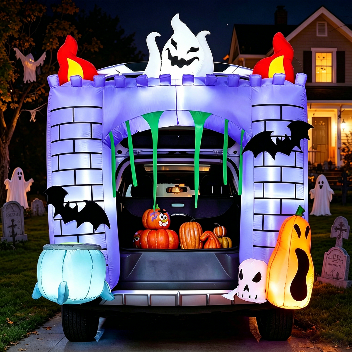 Joyfy 3.6 ft Animated Halloween Inflatable Dinosaur Decoration,Trunk or Treat Car Decorations Kit Dinosaur with Built-in LED Light for Halloween Party Indoor,Outdoor,Yard,Garden Decor