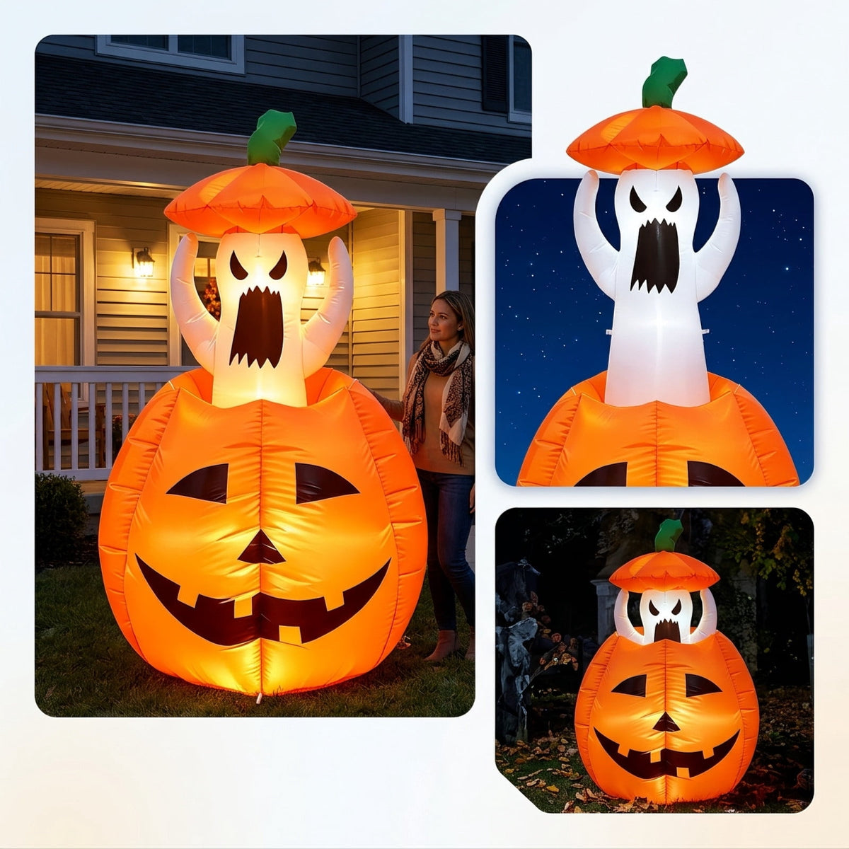 Sahpxhe 47in Halloween Inflatable Pumpkin Ghost and Spooky with Adjustable Height,Led Light Up Yard Halloween Decoration for Outdoor Garden Yard Holiday Party Orange