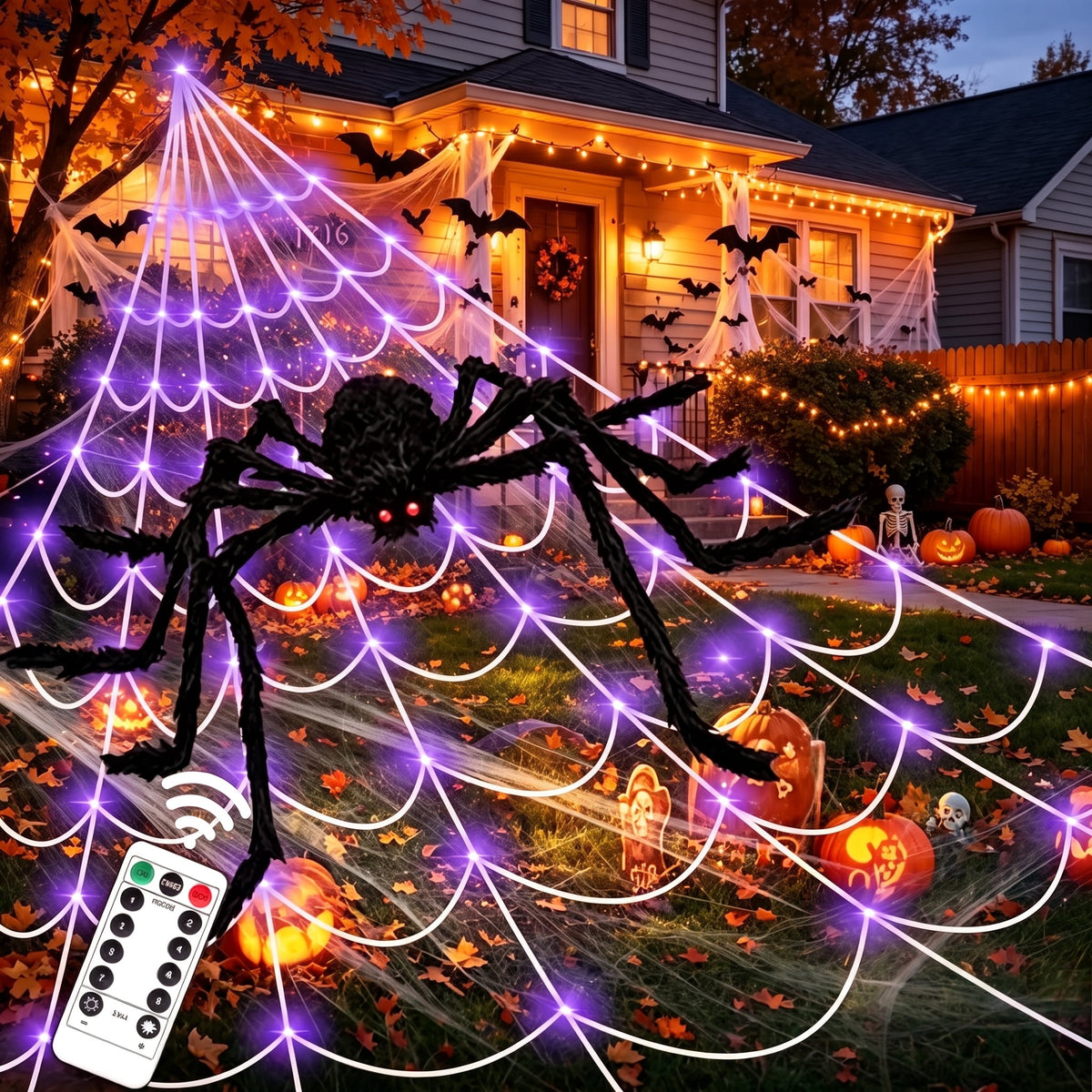 Scidweet Halloween Decorations Outdoor, 350 LED Halloween Spider Web Lights with 79" Large Spider for Garden Yard Home Decor, Multicolor