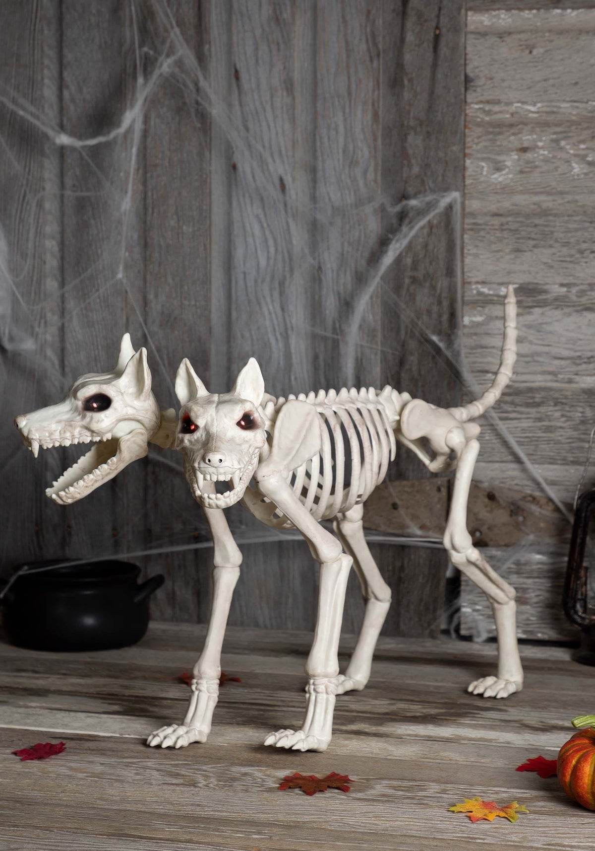 Seasons 3 ft Animated Two-Headed Doberman Dog Skeleton Halloween Decoration - Off-White