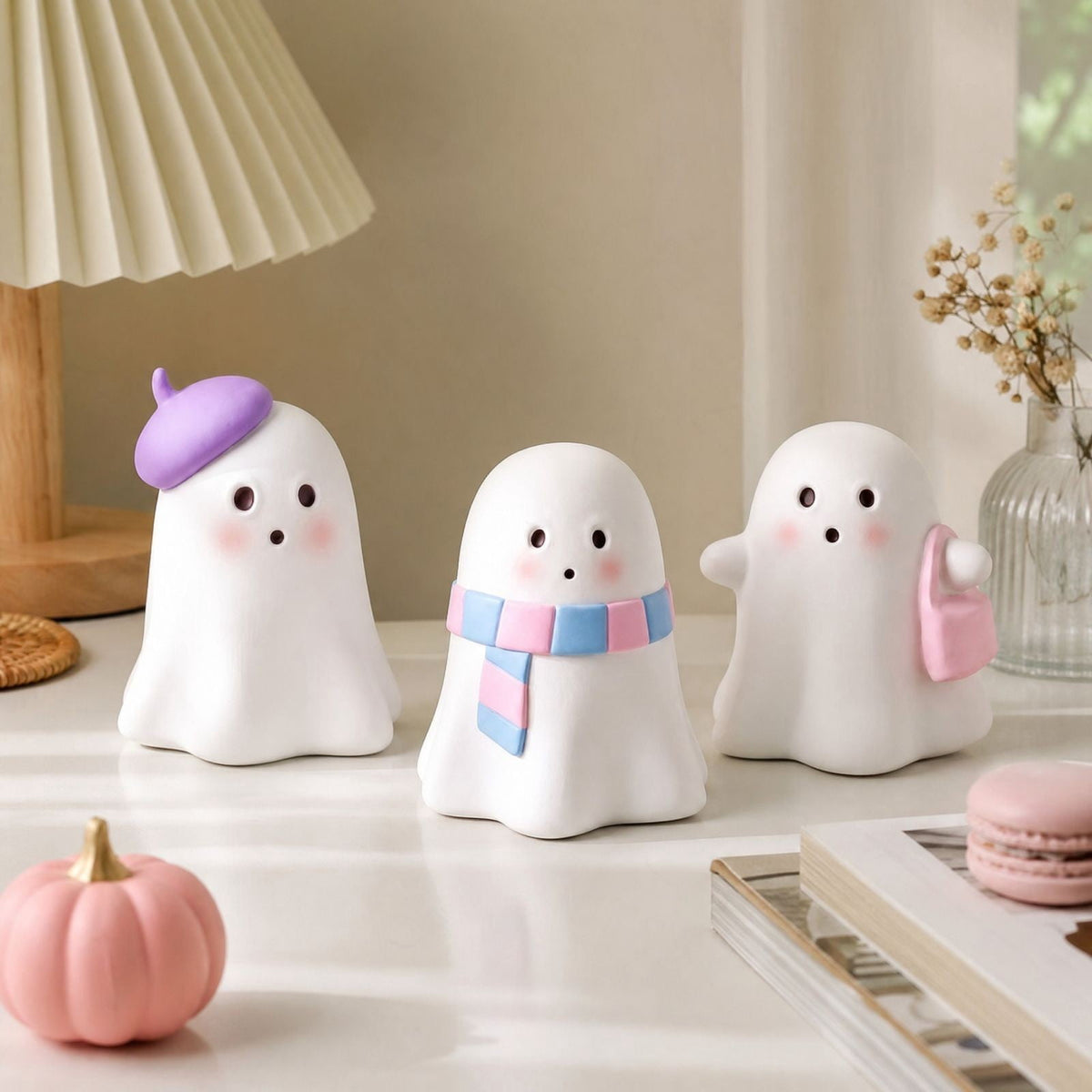 Pink Halloween Decor Ghost Candy Bowl Figurine with Bow and Scalloped Holder for Indoor Tabletop Decor and Party Favor Display
