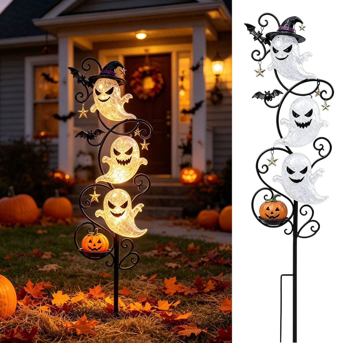 Solar Halloween Garden Stake Light, Bats & Spooky Ghosts Waterproof Solar Lantern Stake with Hanging Pumpkin, Outdoor Halloween Yard Decor for Garden Patio Lawn Pathway