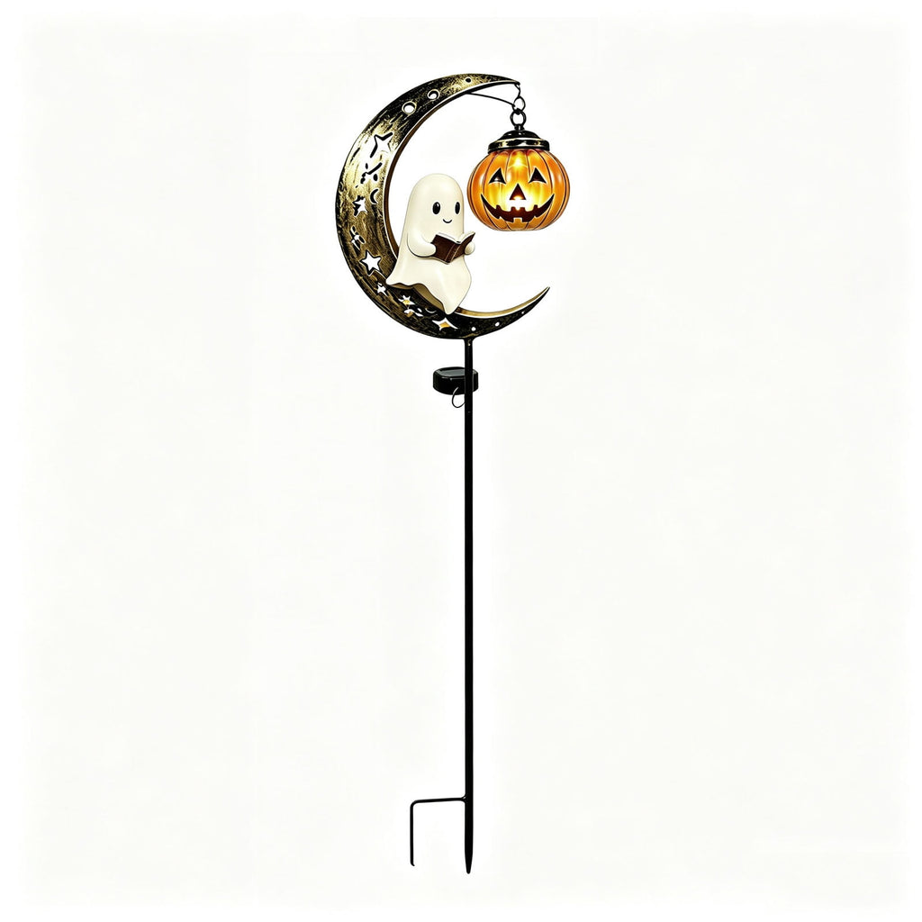 Solar Halloween Metal Moon Black Cat Garden Stake with LED Pumpkin Lantern, Light Up Star Bat Yard Decor Stake, Spooky Outdoor Lawn Pathway Halloween Decoration