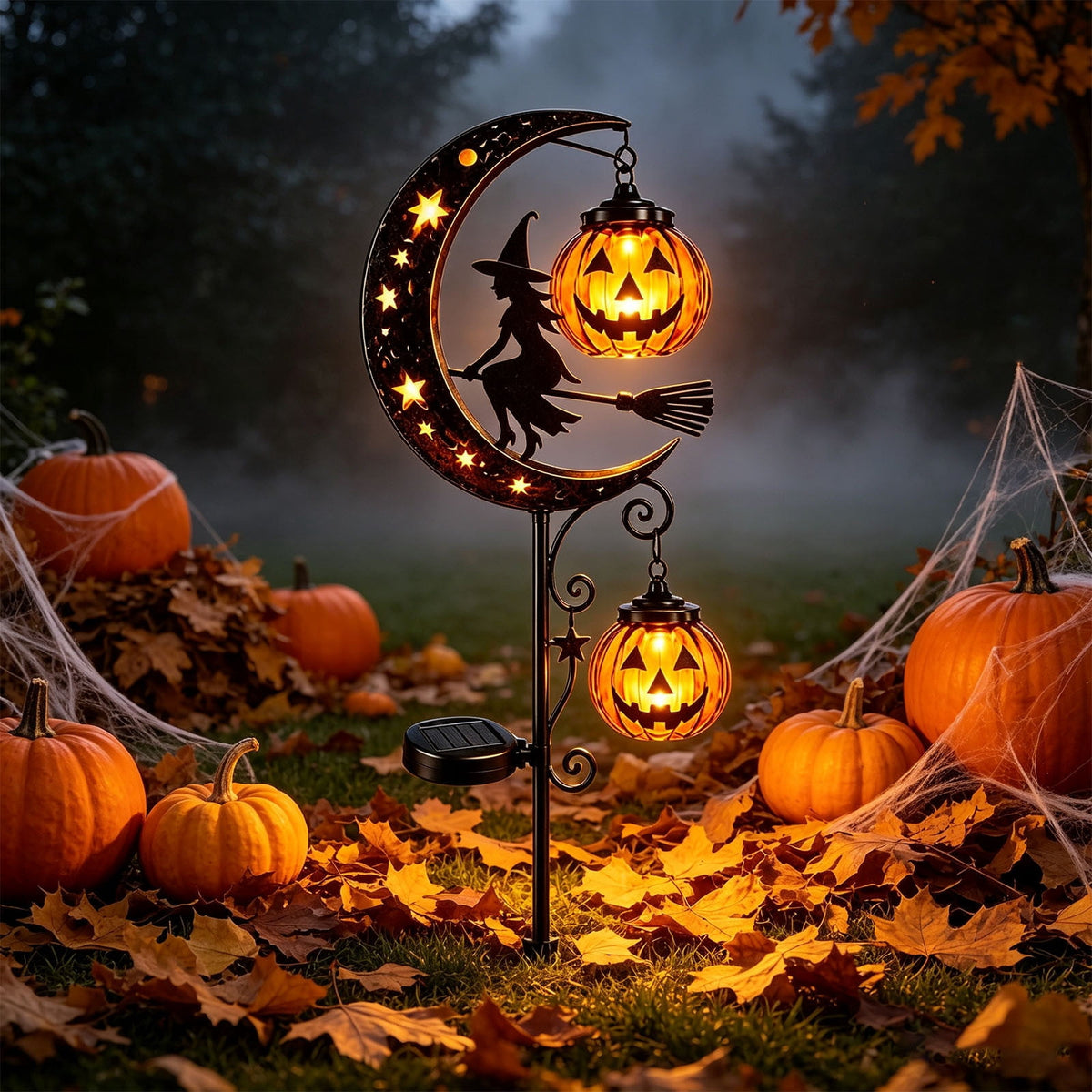 Solar Halloween Metal Moon Black Cat Garden Stake with LED Pumpkin Lantern, Light Up Star Bat Yard Decor Stake, Spooky Outdoor Lawn Pathway Halloween Decoration