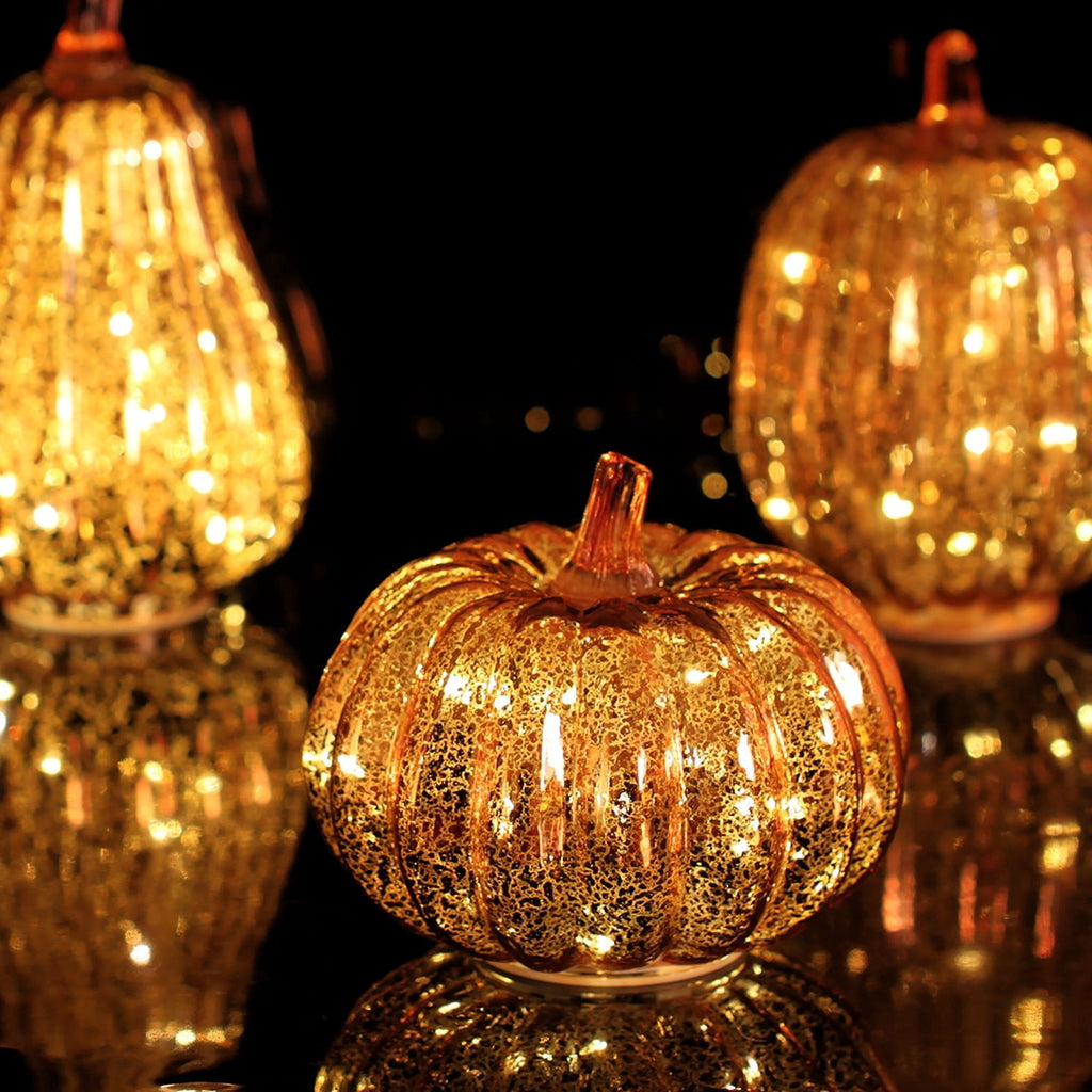 Halloween Fall Pumpkin Lamp,Sparkling Glass Pumpkin Night Lantern,6.6x5.5 inch Light Up Pumpkin Decor,A