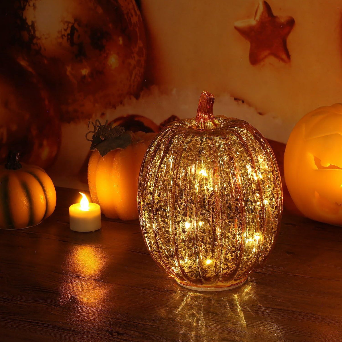 Halloween Fall Pumpkin Lamp,Sparkling Glass Pumpkin Night Lantern,6.6x5.5 inch Light Up Pumpkin Decor,A