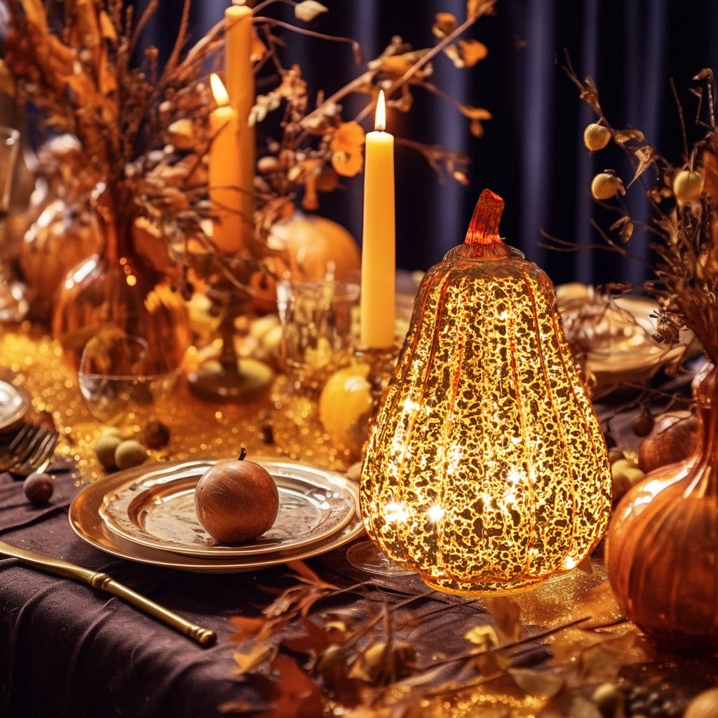 Halloween Fall Pumpkin Lamp,Sparkling Glass Pumpkin Night Lantern,6.6x5.5 inch Light Up Pumpkin Decor,A
