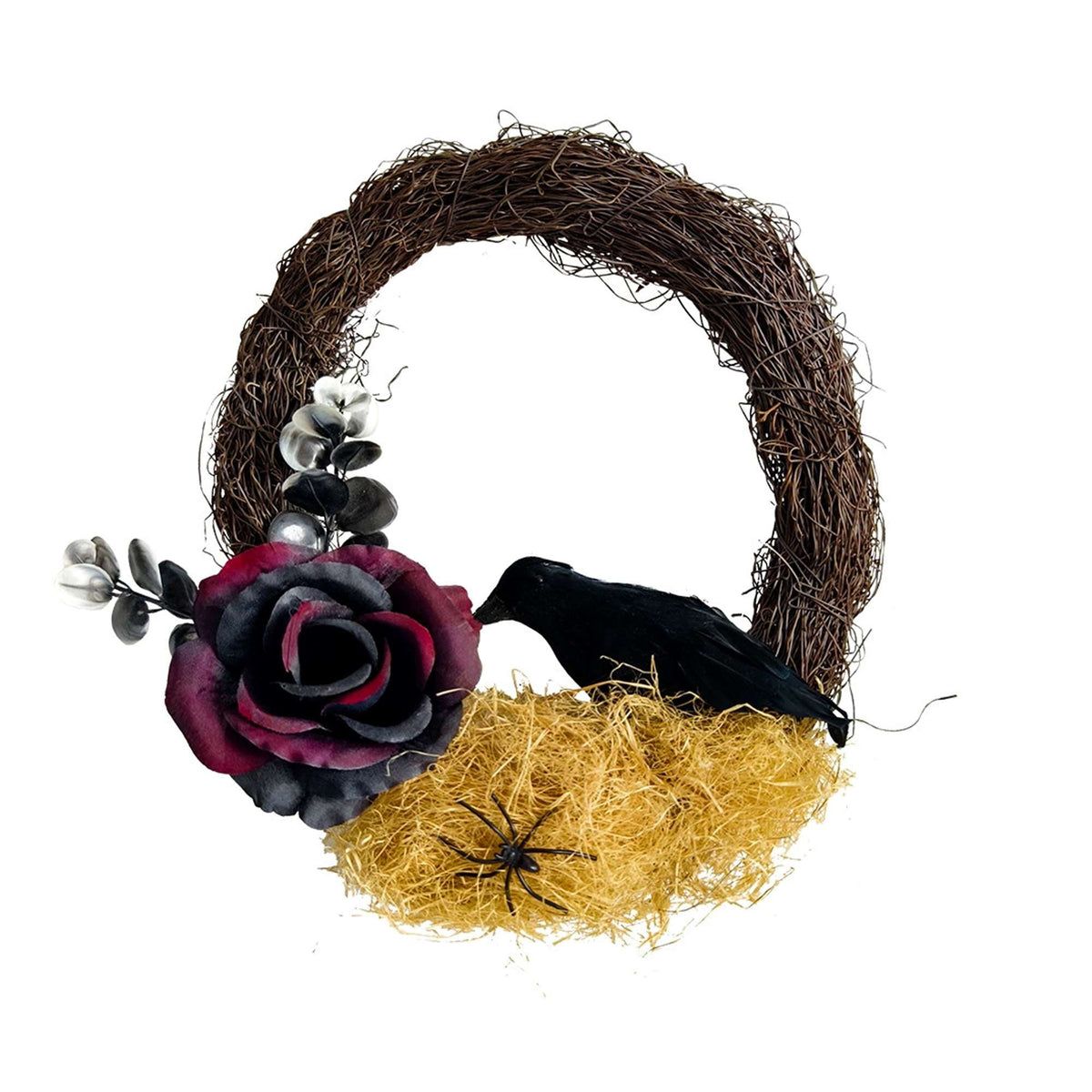 Spencer Halloween Wreath for Front Door, 10 Inch Halloween Garland with Black Rose, Crow, Spider and Twig Branch for Home Porch Window Wall Decor