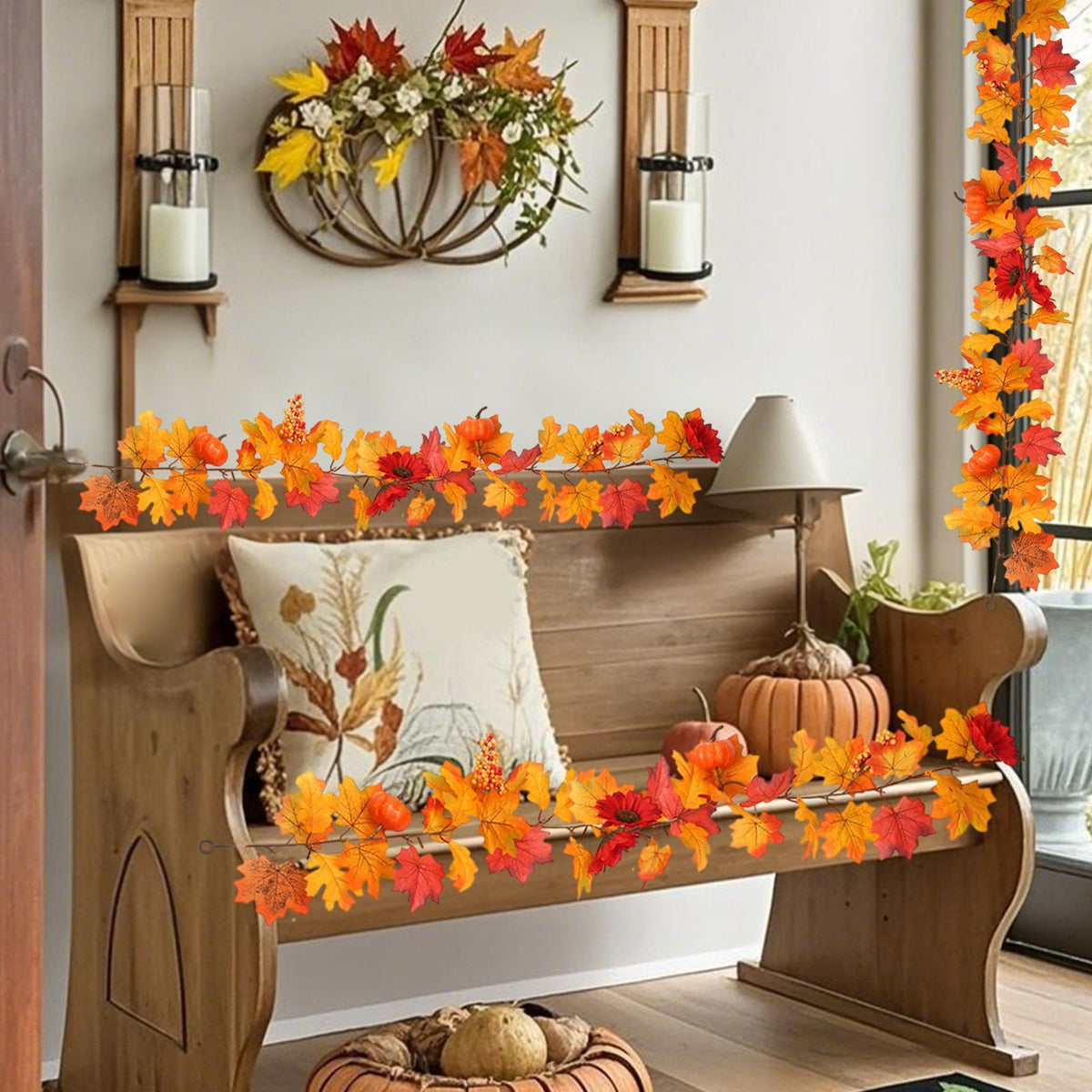Sruoe Simulation Maple Leaf and Rattan Fall Garland for Holiday Stair Door, Greenery Garland for Garden Home Wall, Fake Plants Wreath Decoration for Thanksgiving Halloween, Orange