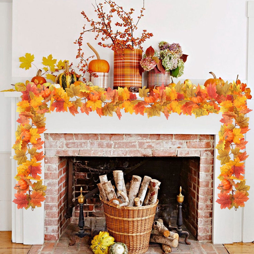 Sruoe Simulation Maple Leaf and Rattan Fall Garland for Holiday Stair Door, Greenery Garland for Garden Home Wall, Fake Plants Wreath Decoration for Thanksgiving Halloween, Orange