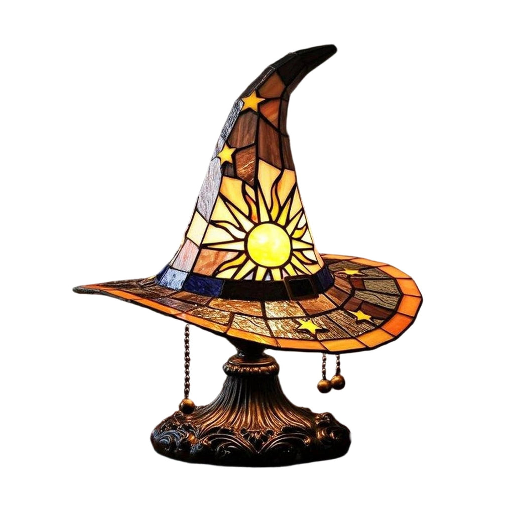Stained Glass Witch hat lamp, 7" Halloween Gothic Mystic Room Decor Handcrafted Ceramic Phantom Figurine, USB Rechargeable LED Glowing Lantern for Bedroom Living Room Mantel Home Decor