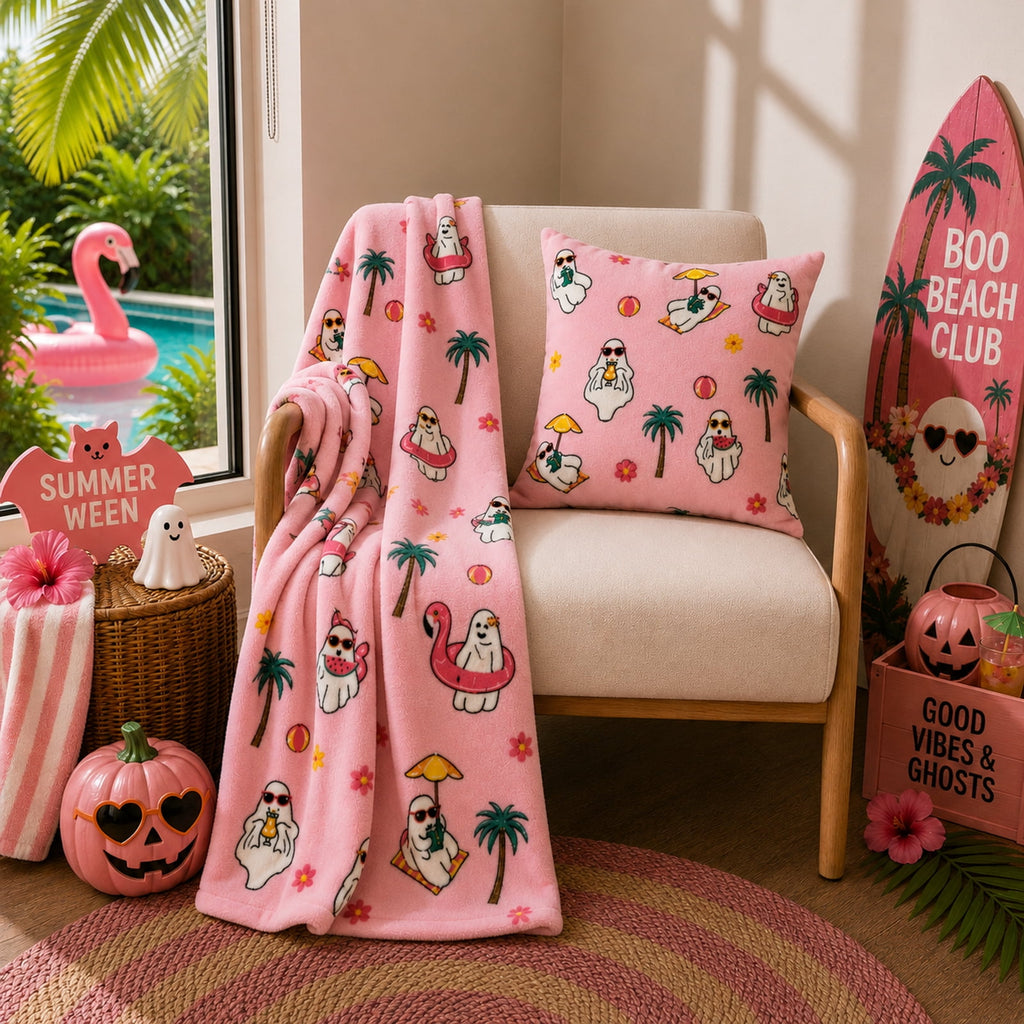 Summerween Oversize Super Soft Plush Throw Blankets, Summer Patio Pool Halloween Throws, RETIREMENT GHOST