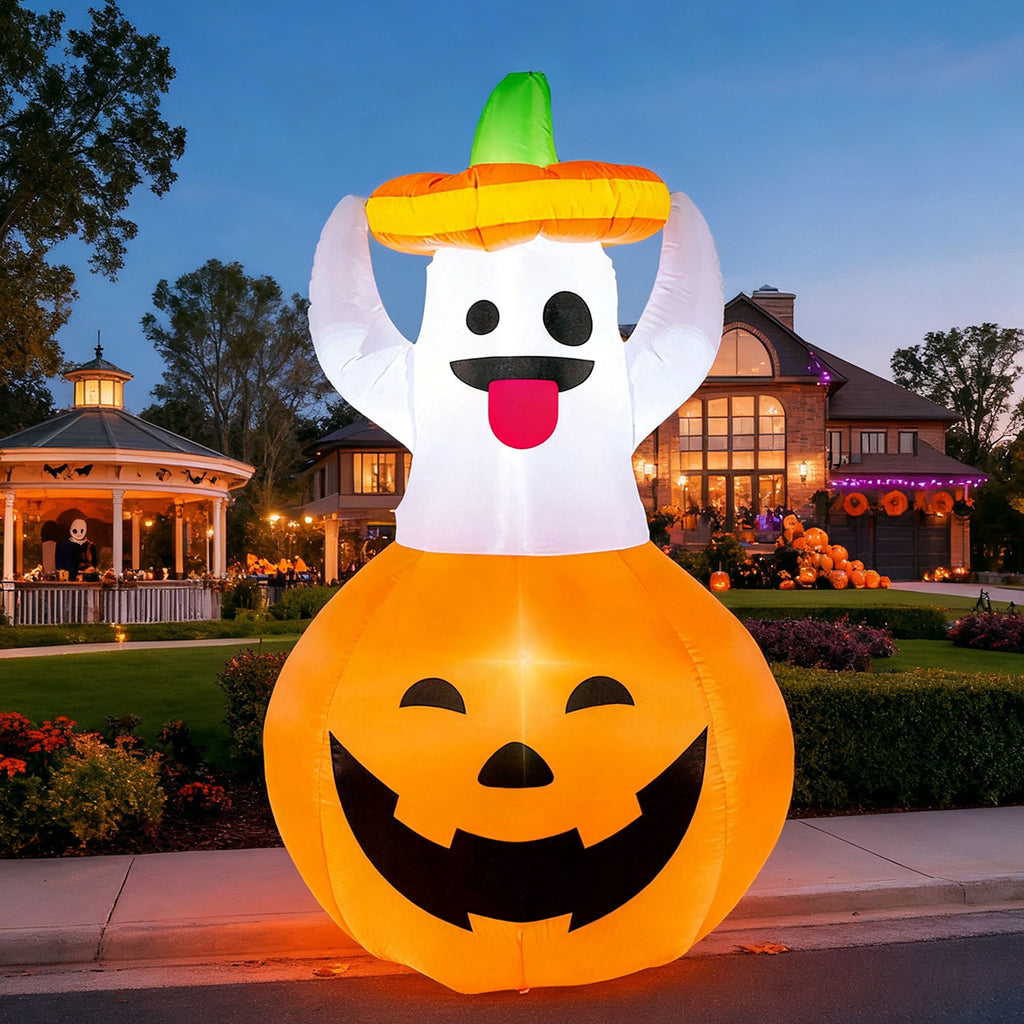 Joyfy 5ft Halloween Inflatables Light up Cute Ghost,Blow Up Ghost Lift Pumpkin Candy Bag with Build-in LEDs for Yard Decorations