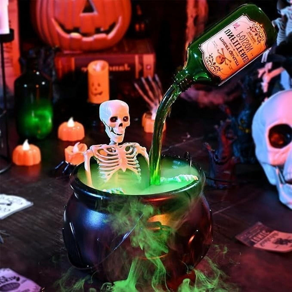 TETOU Halloween Decorations Indoor,DIY Floating Potion Set with Witches Cauldron and Mist Maker,Spooky Black Plastic Cauldron with Skeleton for Halloween Party Home Room Mantel Table Indoor Decor