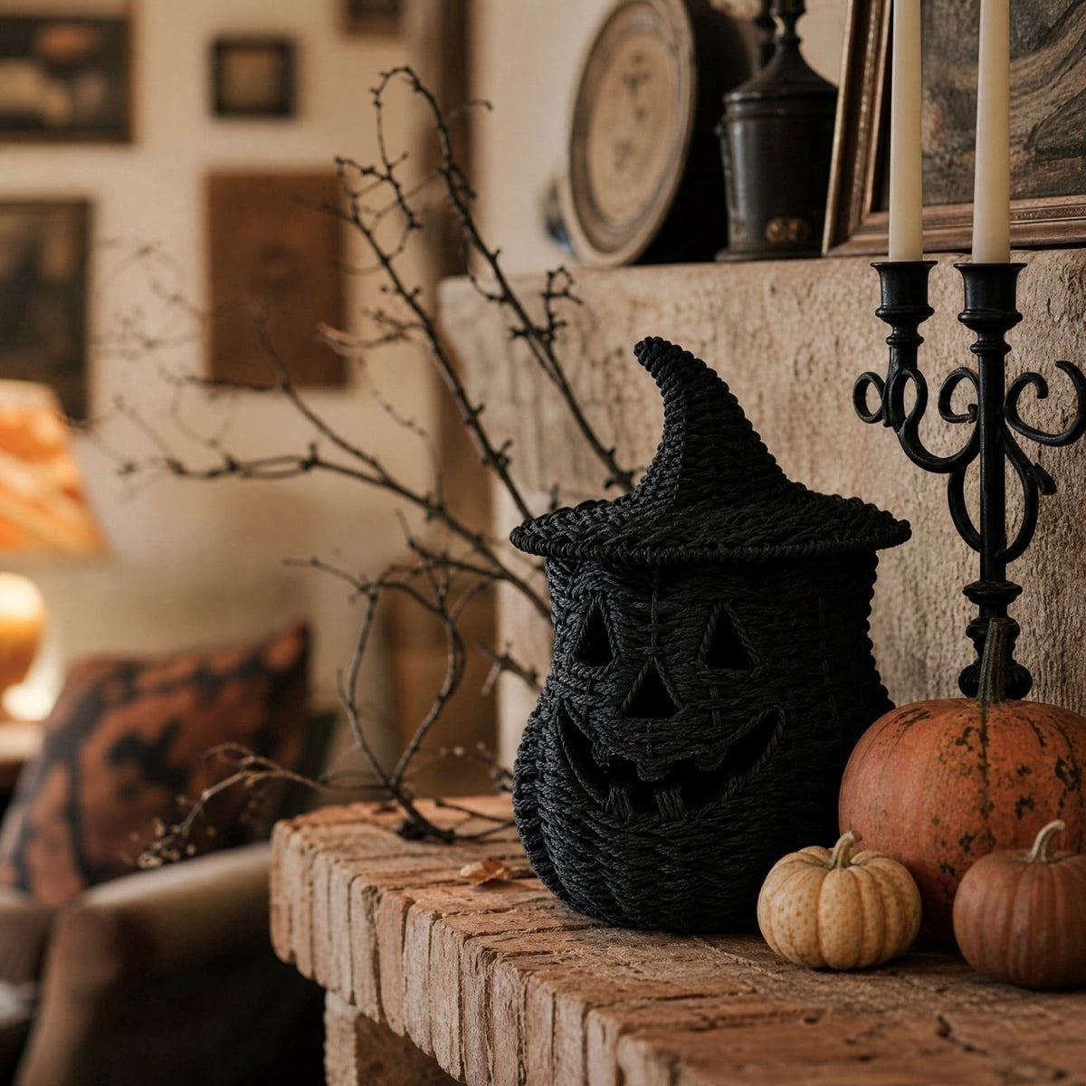 THOPBPRK 2026 Black Halloween Woven Pumpkin Jack-O'-Lantern, Halloween Decorations Pumpkin, USE LED Candle, Rattan Fall Halloween Decor for Home, 1Pack 11.8 Inch A