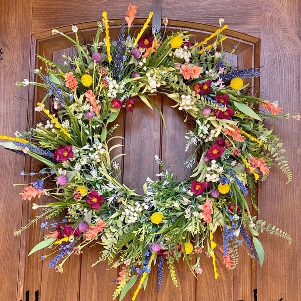 Texas Wildflower Wreath Spring And Summer Plastic Wreath Home Patio Door Hanging Decoration Simulation Dried Flowers For Halloween Thanksgiving Christmas(Green)
