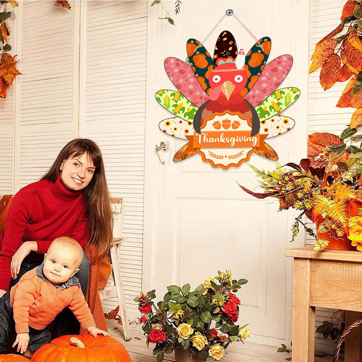 Thanksgiving Decoration Wooden Turkey Pumpkin Door Wreath for Front Door Sign Wall Signs, Thankful Blessed Grateful Pumpkin Sign Hanging for Fall Autumn Harvest Home Halloween Decoration
