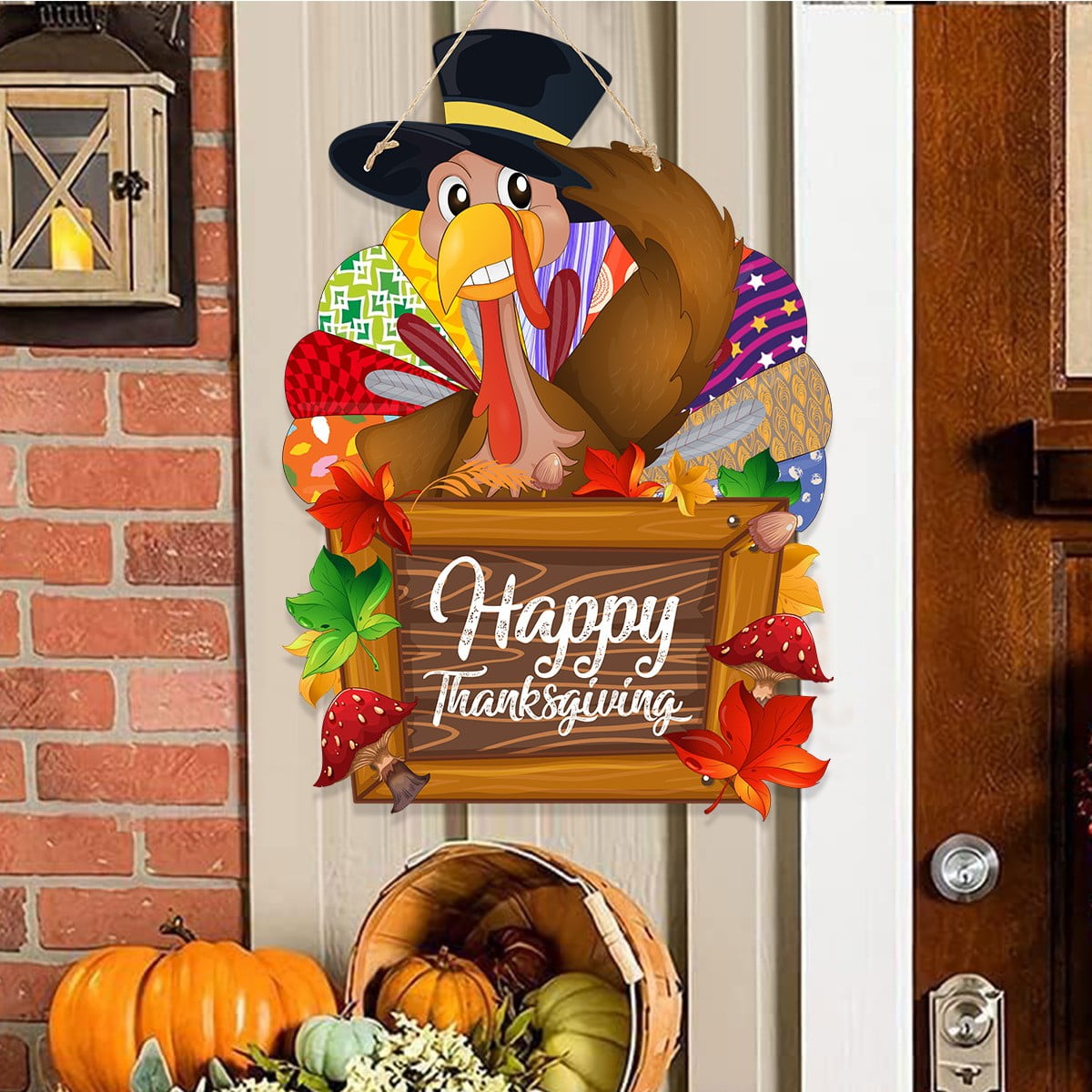 Thanksgiving Decoration Wooden Turkey Pumpkin Door Wreath for Front Door Sign Wall Signs, Thankful Blessed Grateful Pumpkin Sign Hanging for Fall Autumn Harvest Home Halloween Decoration