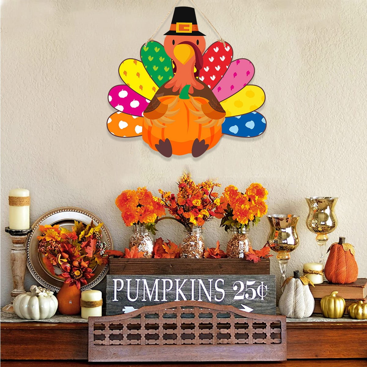 Thanksgiving Decoration Wooden Turkey Pumpkin Door Wreath for Front Door Sign Wall Signs, Thankful Blessed Grateful Pumpkin Sign Hanging for Fall Autumn Harvest Home Halloween Decoration