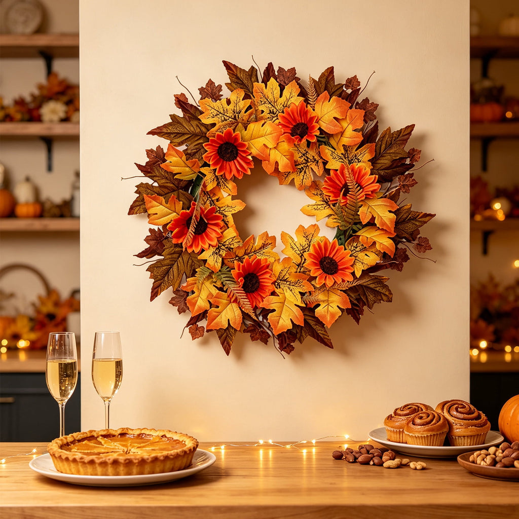 Thanksgiving Halloween Decoration Wreath, Sunflower Rose Pumpkin Silk Flower Door Hanging, Fall Simulation Maple Leaf Wreath for Front Door Fireplace, Festive Harvest Party Home Decor
