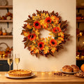 Thanksgiving Halloween Decoration Wreath, Sunflower Rose Pumpkin Silk Flower Door Hanging, Fall Simulation Maple Leaf Wreath for Front Door Fireplace, Festive Harvest Party Home Decor