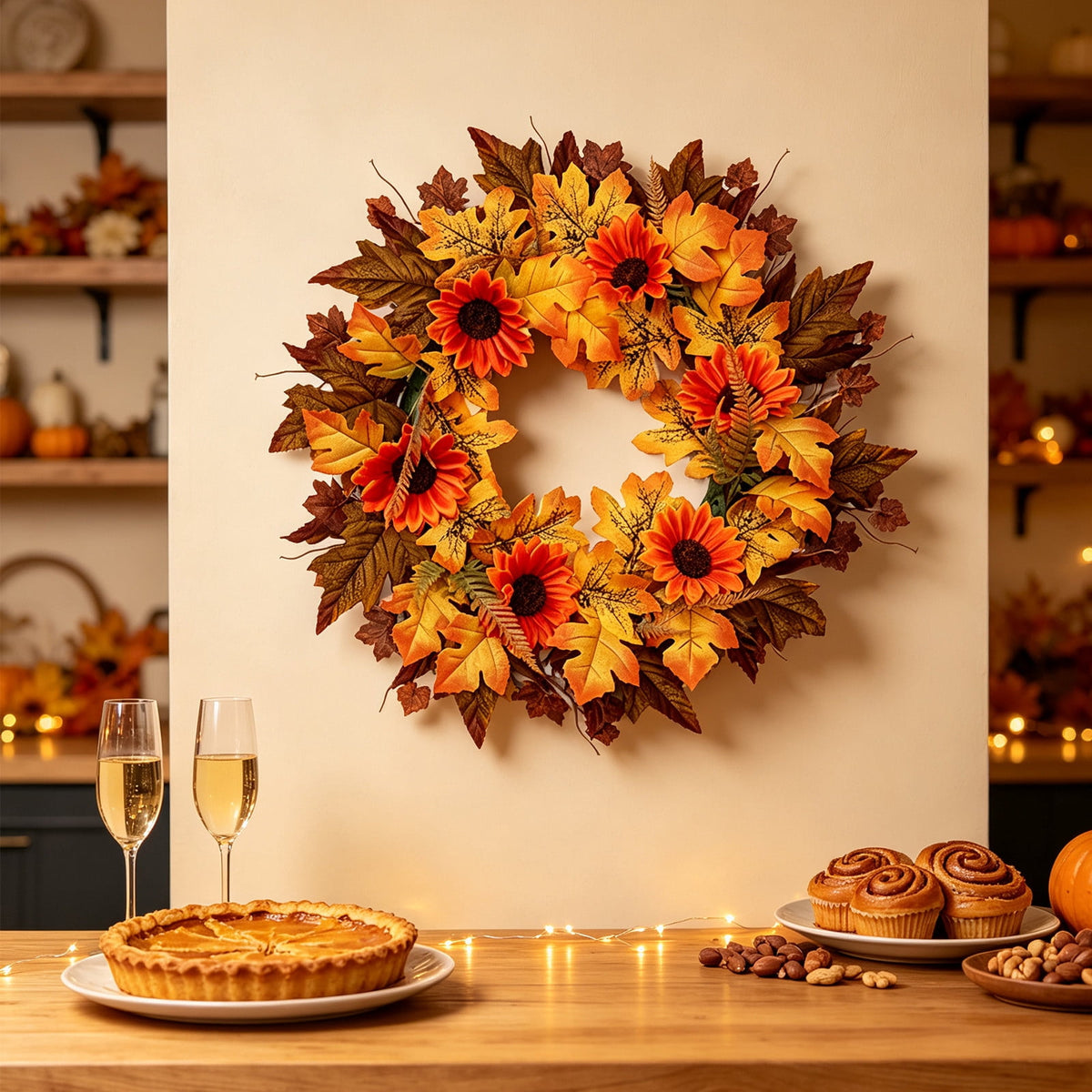 Thanksgiving Halloween Decoration Wreath, Sunflower Rose Pumpkin Silk Flower Door Hanging, Fall Simulation Maple Leaf Wreath for Front Door Fireplace, Festive Harvest Party Home Decor