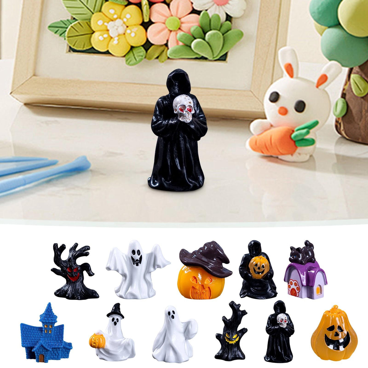 WKSCLPAI Halloween Miniatures Figures Mini Resin Figurines for Halloween Decorations, Halloween Party Favors Bag Fillers Garden Dollhouse Decor 12 Styles to Choose From, Skeleton Hugs