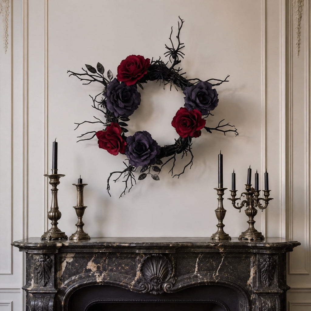 WWC Halloween Wreath, Artificial Silk Bats And Skulls Wreath, Gothic Halloween Decor for Fall Party Front Door Porch Mantel