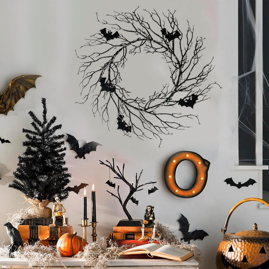 WWC Halloween Wreath, 18 inch Black Bats and Bare Branch Wreath, Gothic Halloween Decor Twig Wreath for Halloween Party Front Door Porch and Fireplace