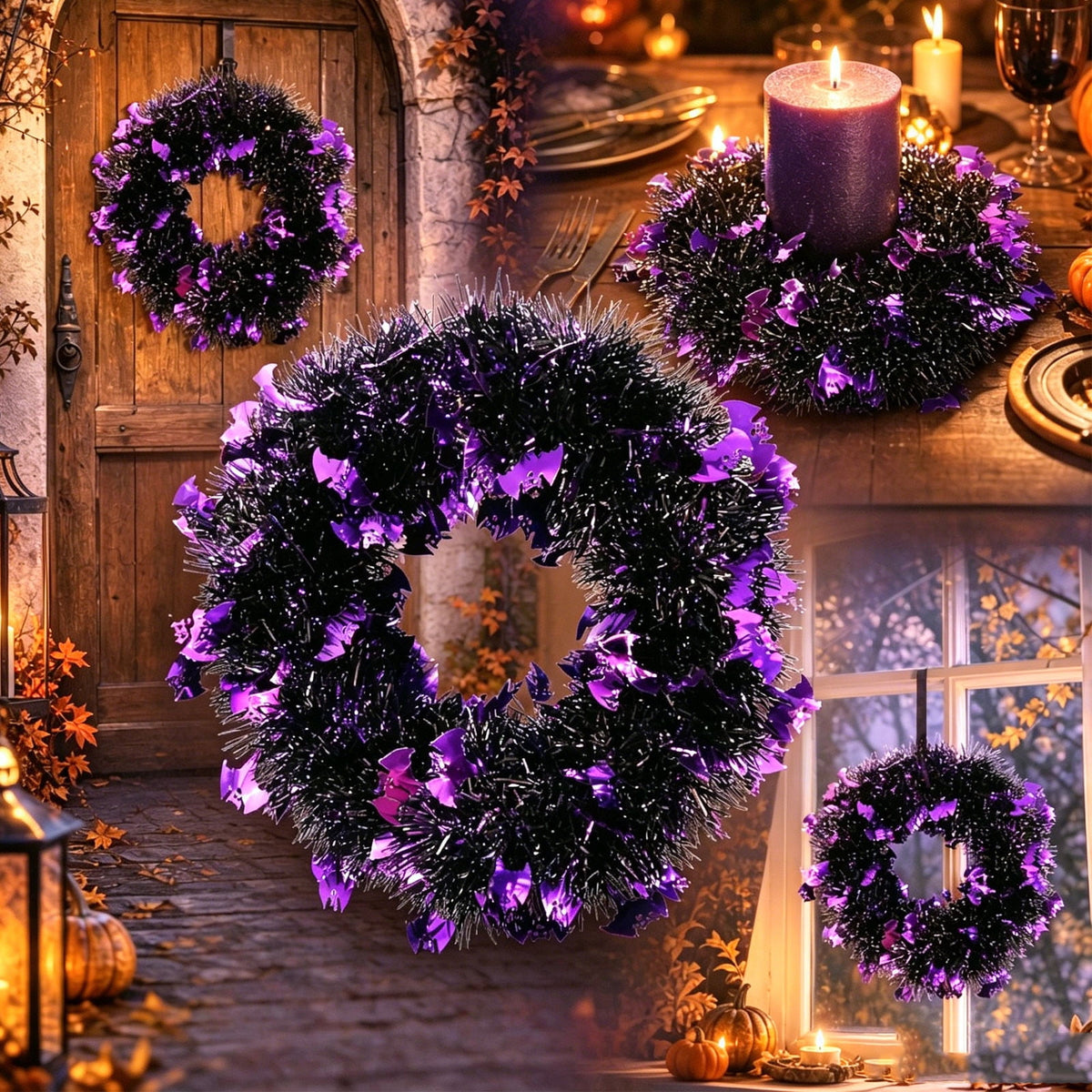 WWC Halloween Wreath, Artificial Silk Bats And Skulls Wreath, Gothic Halloween Decor for Fall Party Front Door Porch Mantel