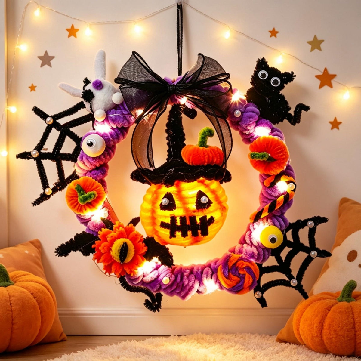 WWC Halloween Wreath, Orange LED Pumpkin and Bats Wreath, Gothic Halloween Decorations Wreath for Front Door, Indoor Outdoor Party Decor