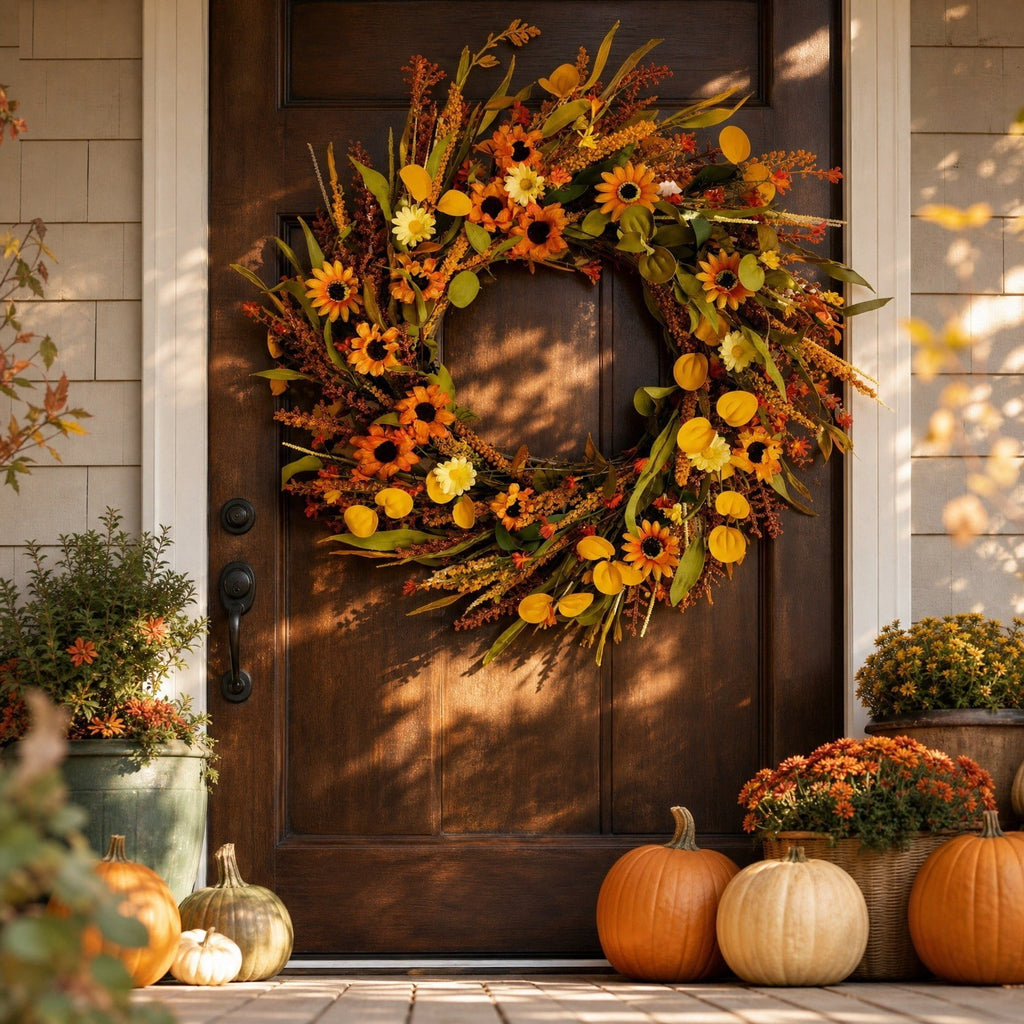 Winter Poetry Upgrade Fall Sunflower Dried Grass Wreath, Harvest Front Door Hanging Garland, Rattan Base Artificial Wreath for Halloween Thanksgiving Window Wall Decor, 17.71x17.71x3.54in