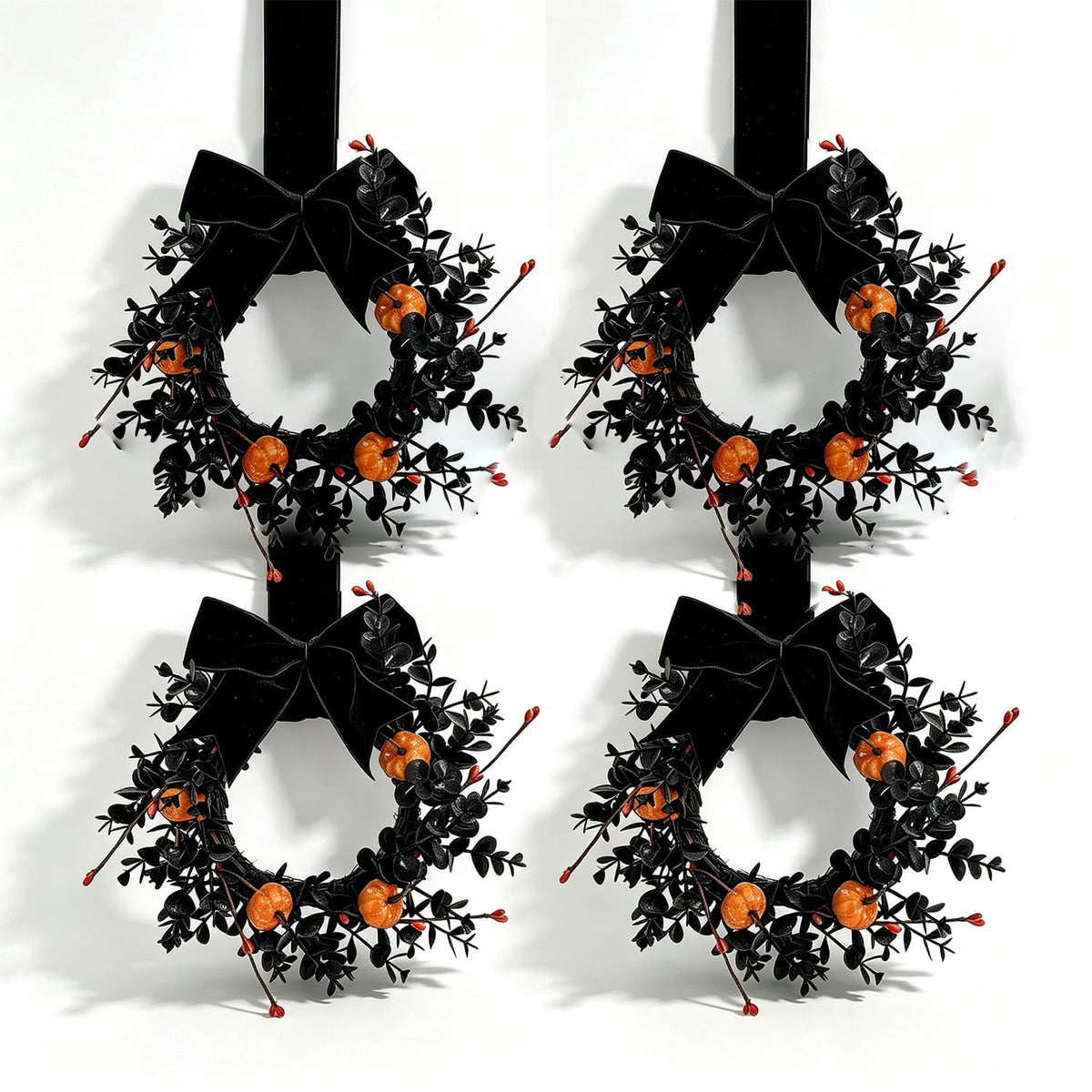 XEAZON 1/2/4 Pcs Halloween Wreaths 9" Artificial Hallowee Wall Cabinet Decor Mini Wreath with Pumpkin and Velvet Bow, Gothic Kitchen Cabinet Wreaths for Front Door Cabinets Window Wall Holiday Decor