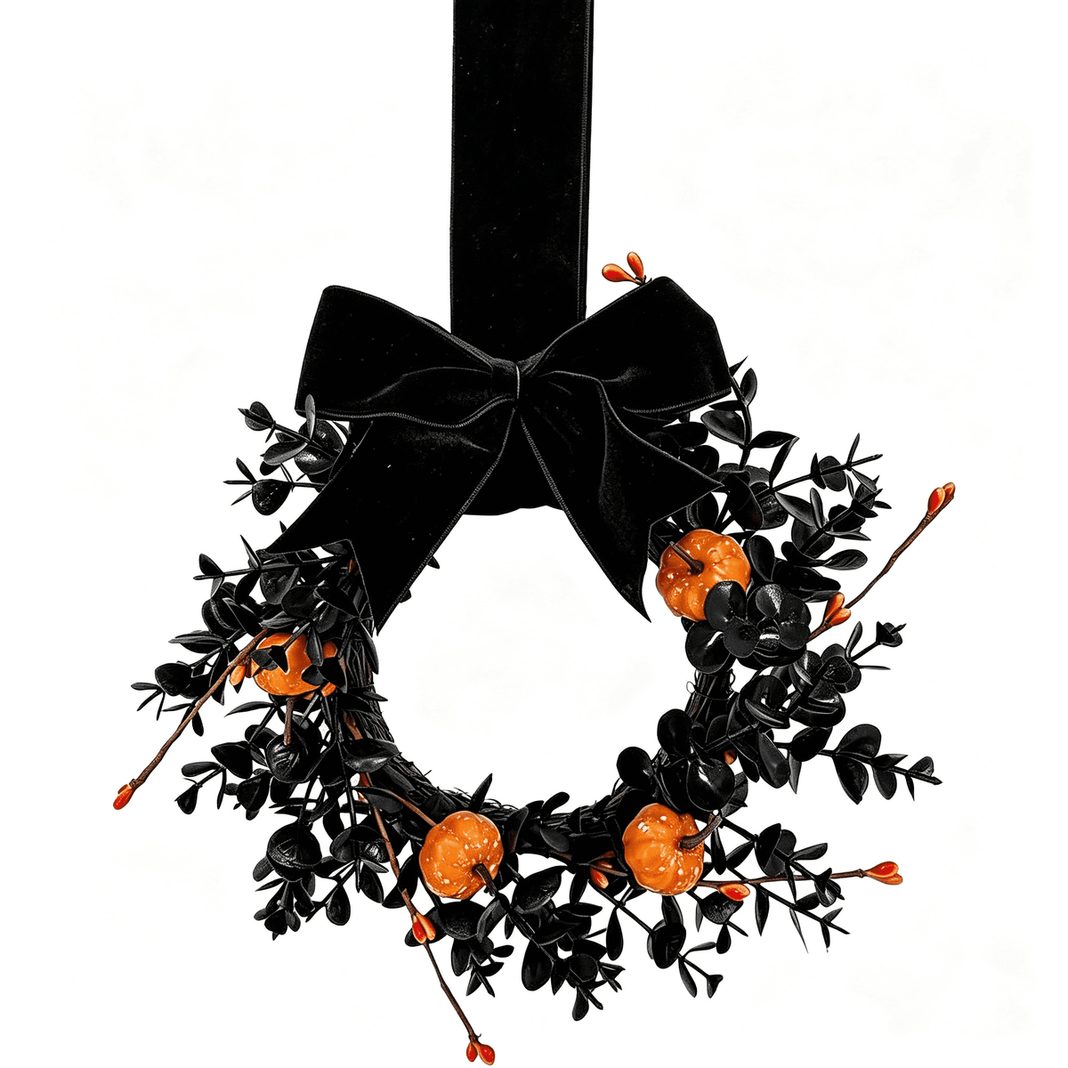 XEAZON 1/2/4 Pcs Halloween Wreaths 9" Artificial Hallowee Wall Cabinet Decor Mini Wreath with Pumpkin and Velvet Bow, Gothic Kitchen Cabinet Wreaths for Front Door Cabinets Window Wall Holiday Decor