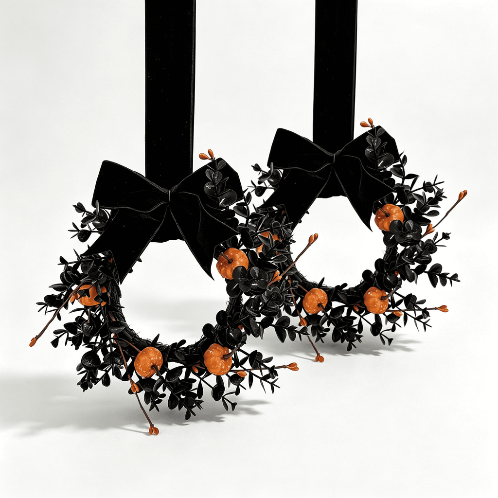 XEAZON 1/2/4 Pcs Halloween Wreaths 9" Artificial Hallowee Wall Cabinet Decor Mini Wreath with Pumpkin and Velvet Bow, Gothic Kitchen Cabinet Wreaths for Front Door Cabinets Window Wall Holiday Decor
