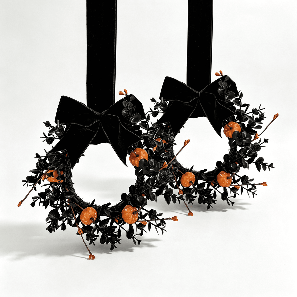 XEAZON 1/2/4 Pcs Halloween Wreaths 9" Artificial Hallowee Wall Cabinet Decor Mini Wreath with Pumpkin and Velvet Bow, Gothic Kitchen Cabinet Wreaths for Front Door Cabinets Window Wall Holiday Decor